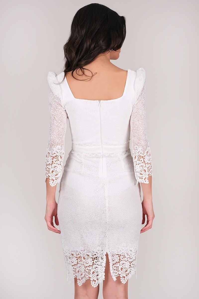 Martines Kare Yaka Güpürlü Kısa Abiye Elbise BEYAZ