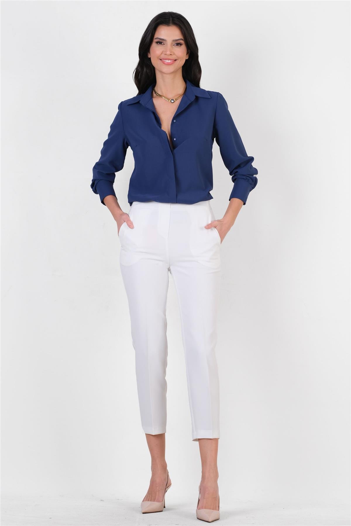 Medea Beli Lastikli Dar Paça Pantolon EKRU