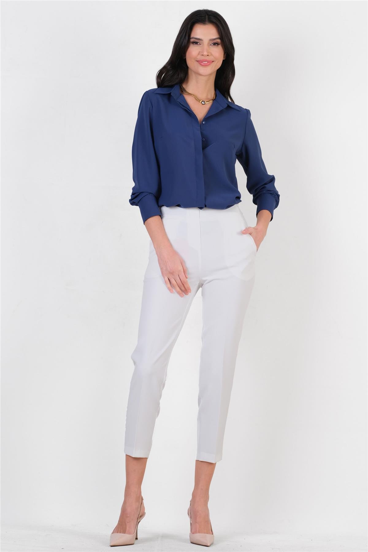 Medea Beli Lastikli Dar Paça Pantolon EKRU