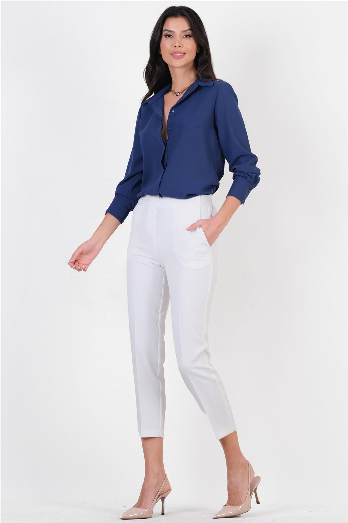 Medea Beli Lastikli Dar Paça Pantolon EKRU