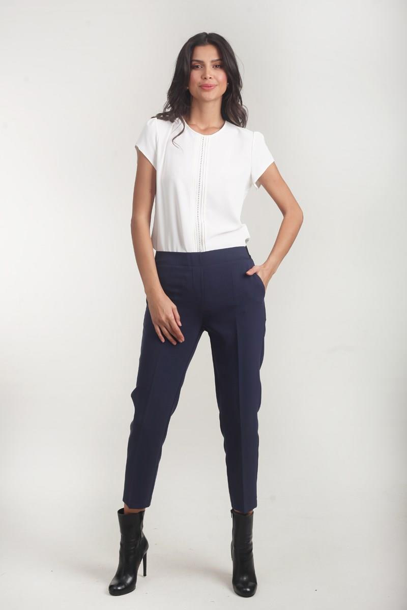 Medea Beli Lastikli Dar Paça Pantolon LACİVERT