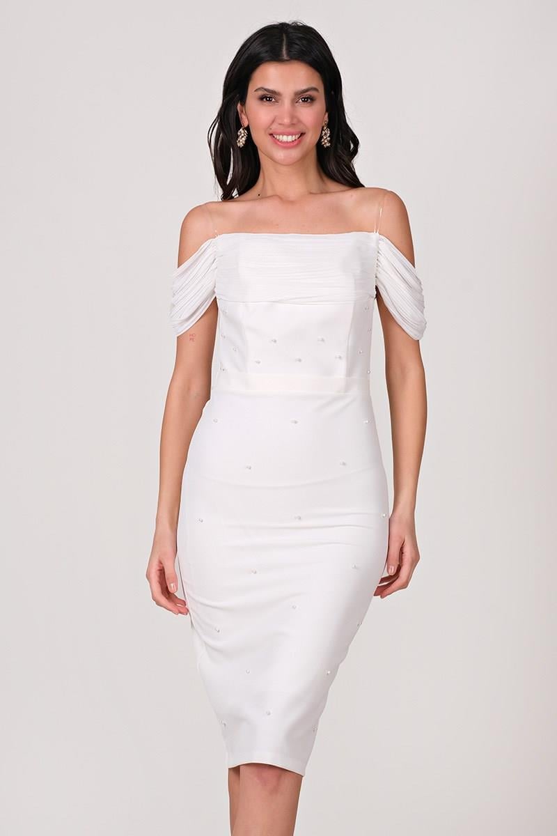Mirro Piliseli Düşük Kol İnci Detaylı Kısa Abiye Elbise EKRU