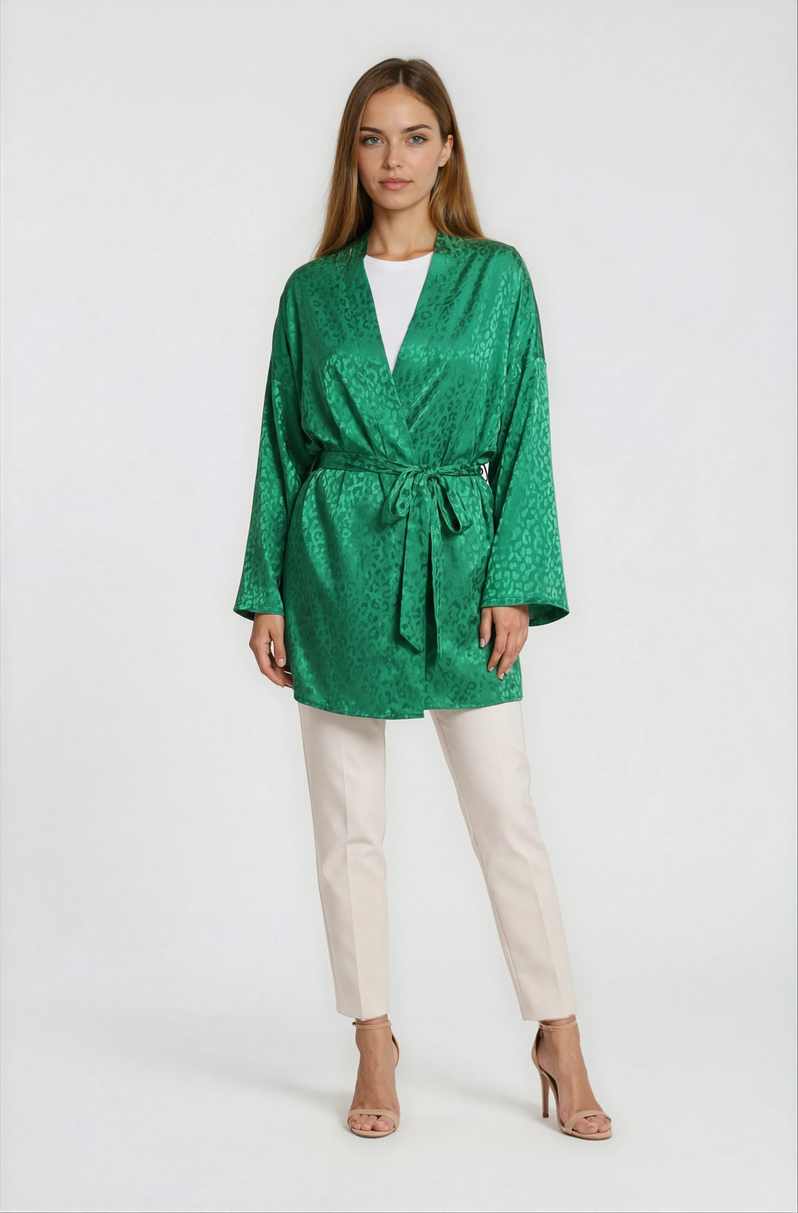 Misiana Leopar Jakarlı Kimono YEŞİL