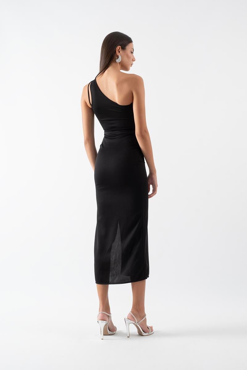 Naomi Tek Kol Yırtmaçlı Uzun Abiye Elbise SİYAH