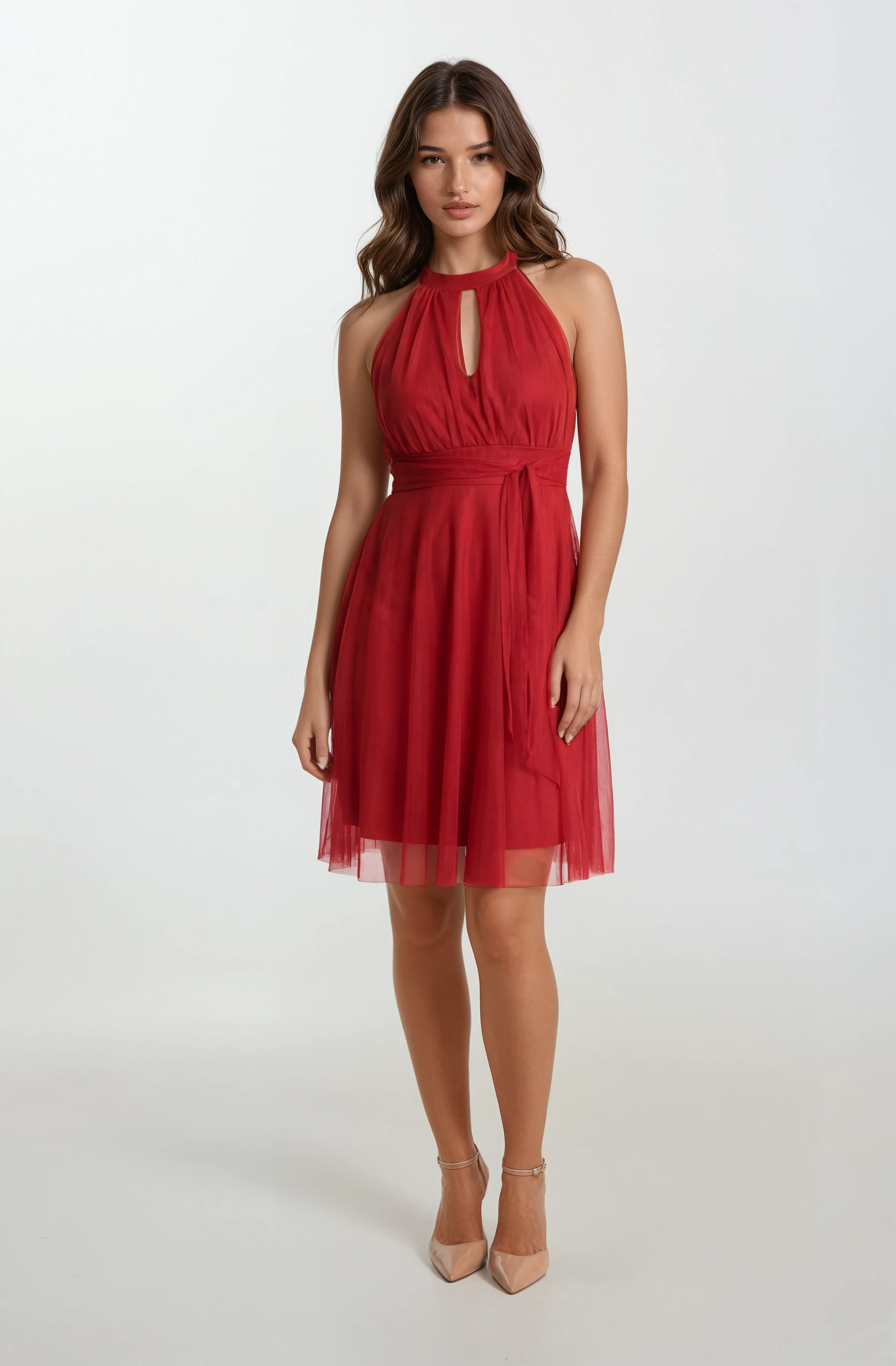 Narcisio Damla Yaka Kloş Kısa Abiye Elbise KIRMIZI