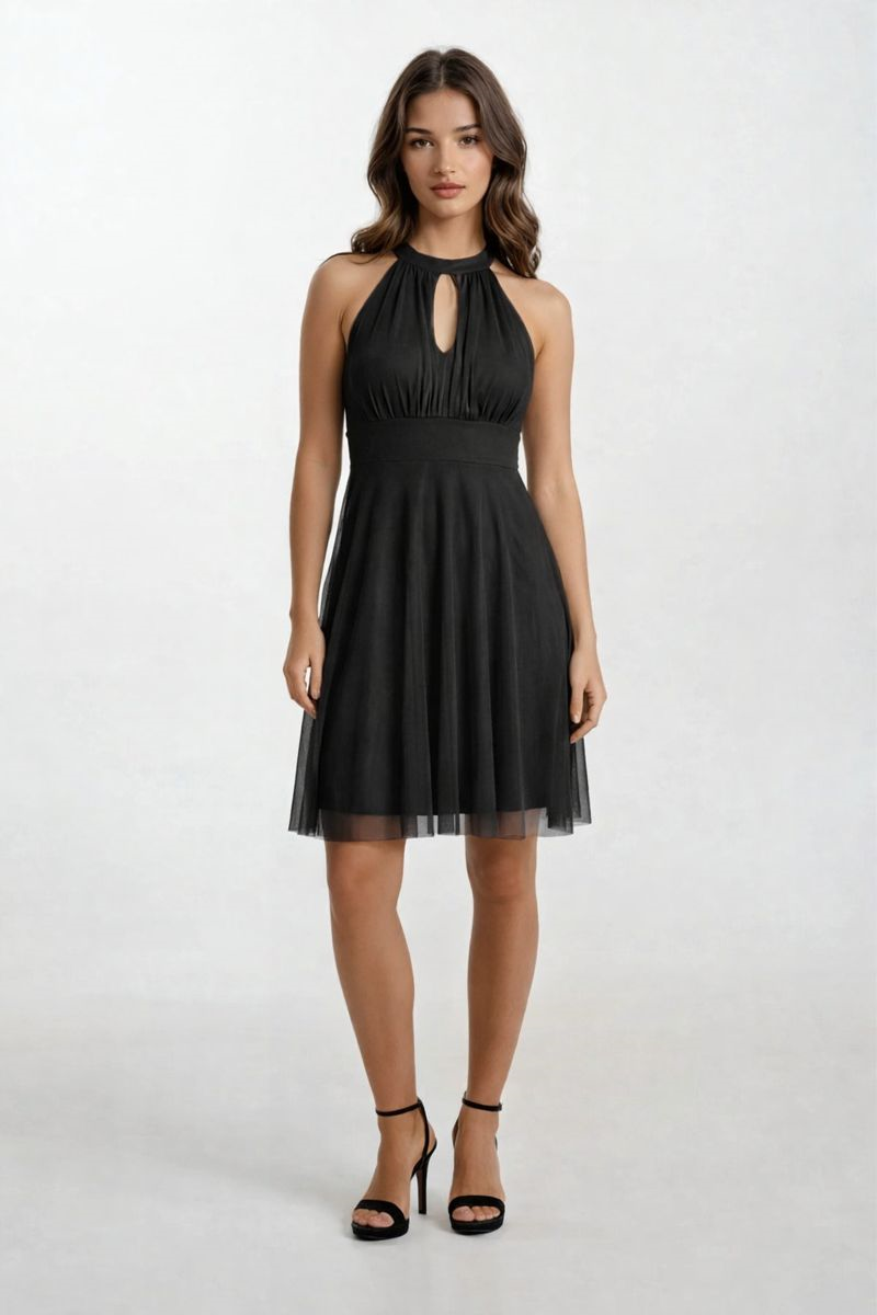 Narcisio Damla Yaka Kloş Kısa Abiye Elbise SİYAH