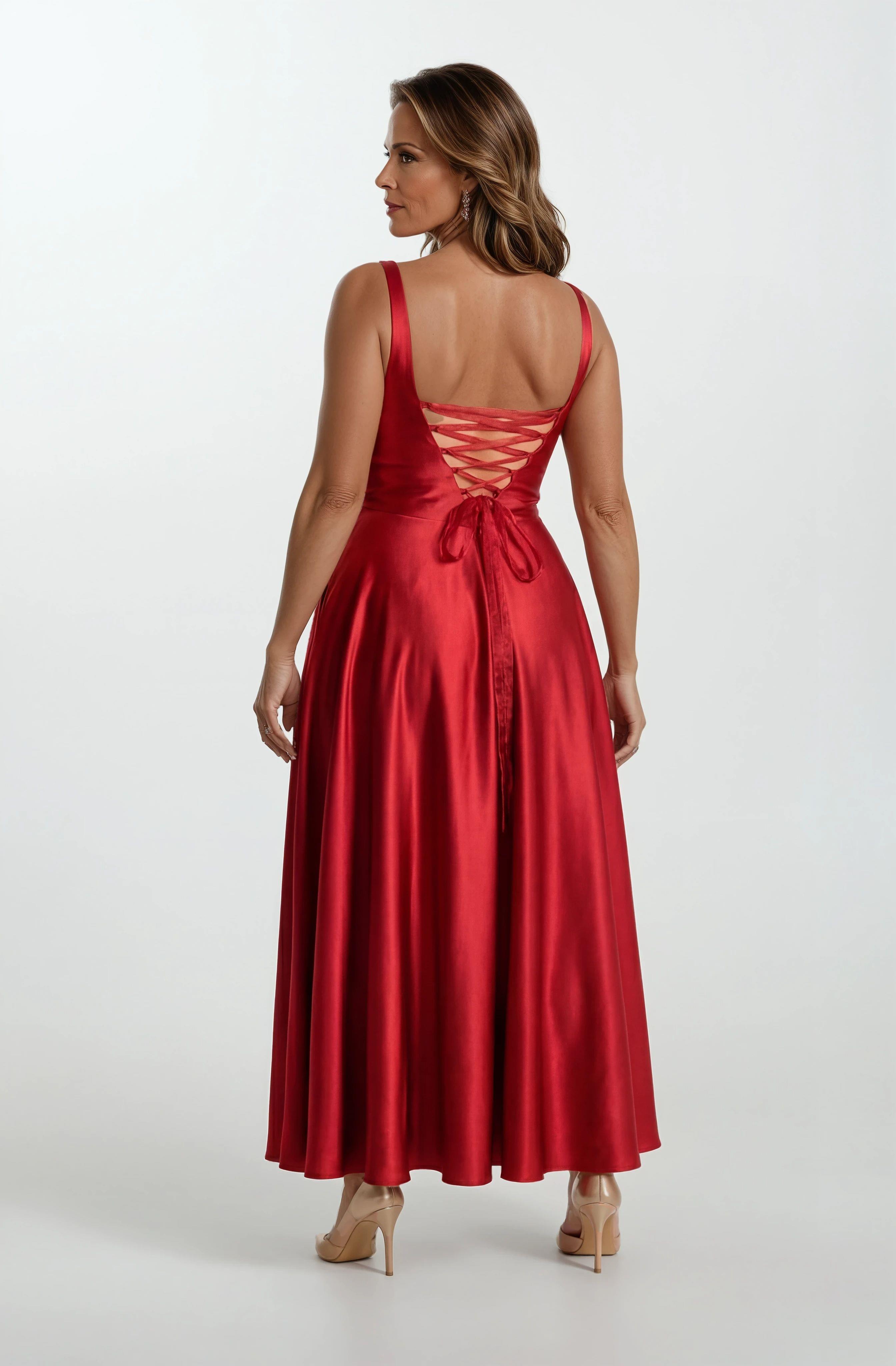 Nema Sırtı Çapraz Bağlamalı U Yaka Midi Abiye Elbise KIRMIZI