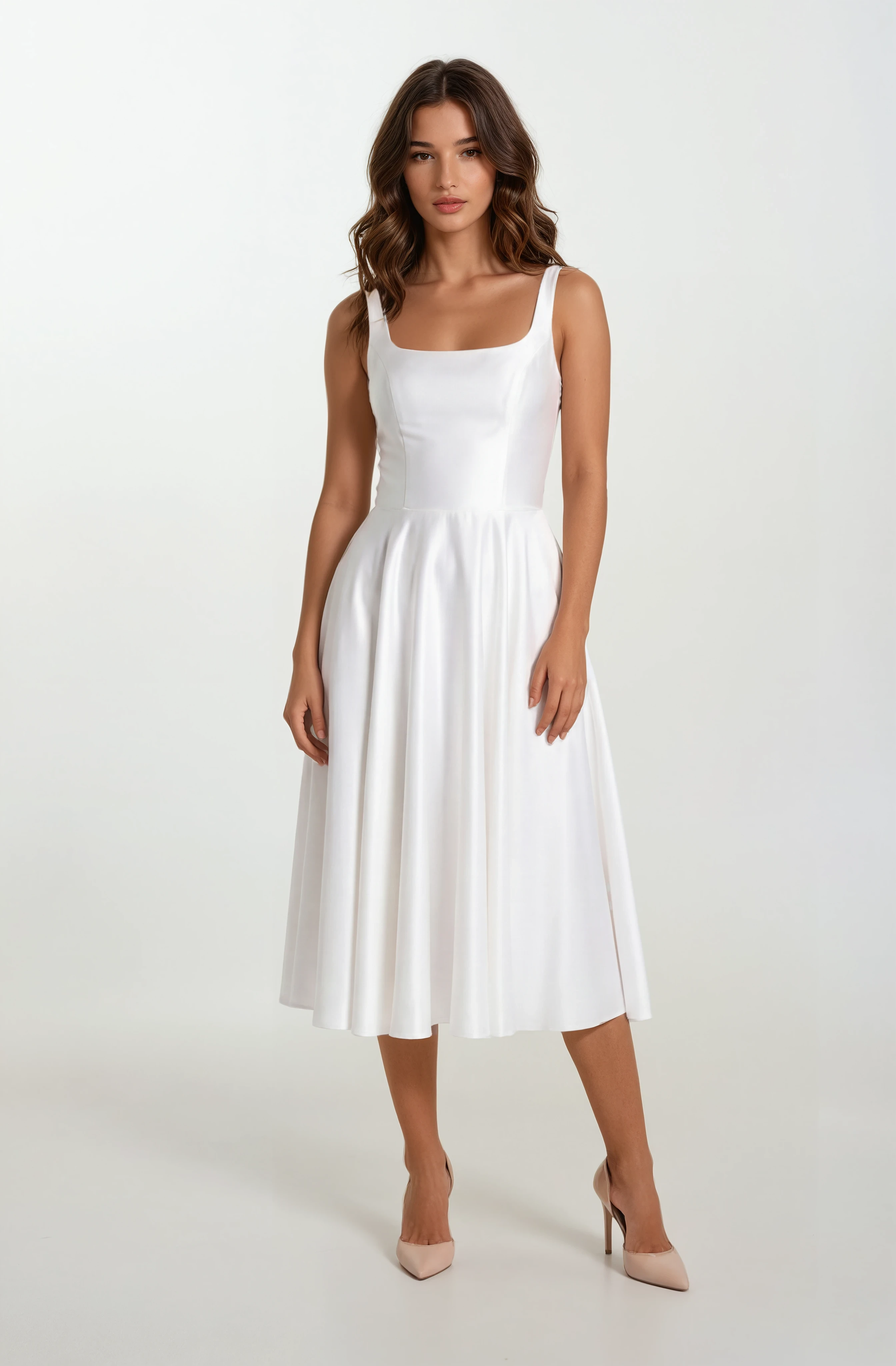 Nema Sırtı Çapraz Bağlamalı U Yaka Midi Abiye Elbise EKRU