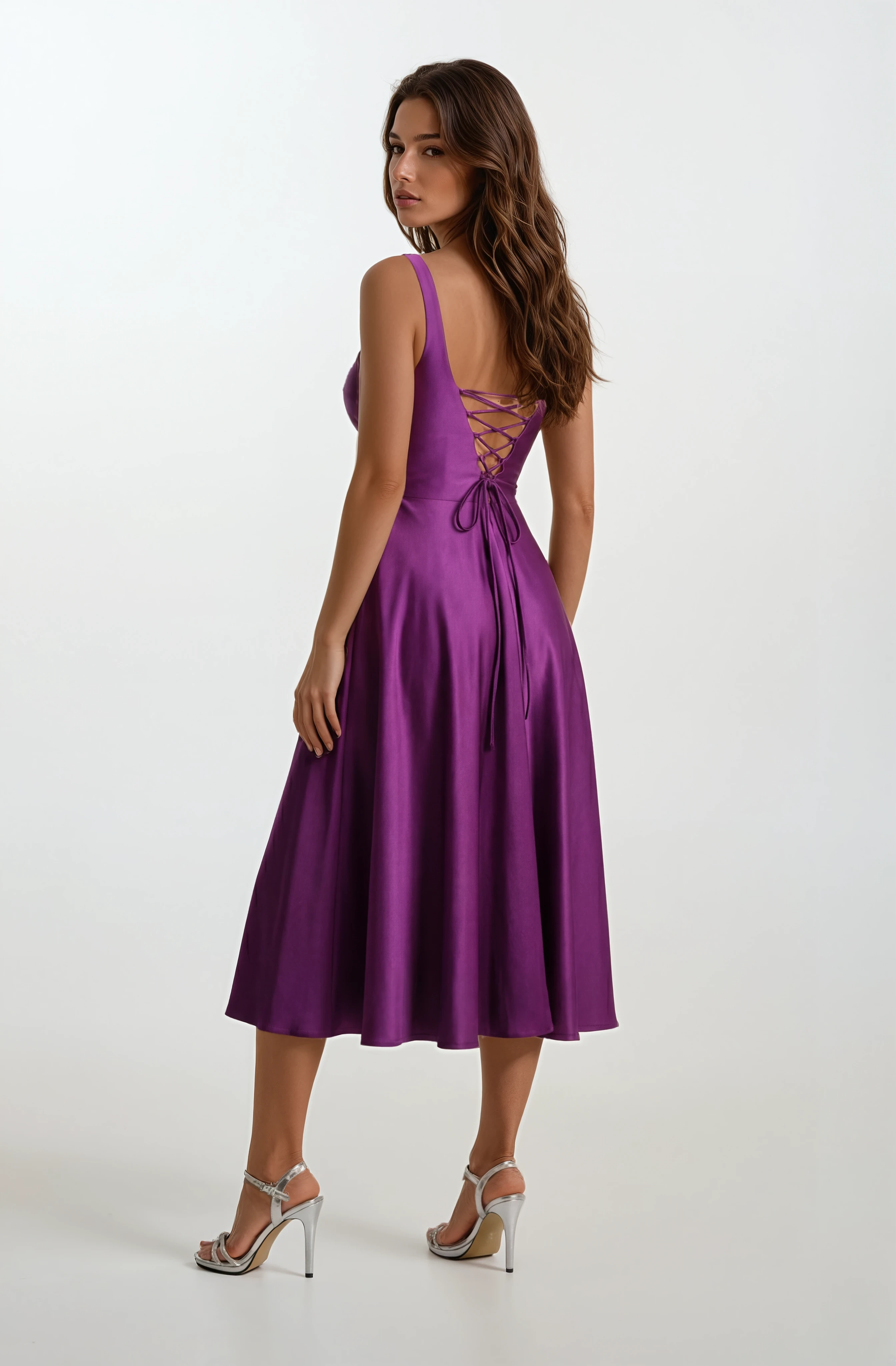 Nema Sırtı Çapraz Bağlamalı U Yaka Midi Abiye Elbise MOR