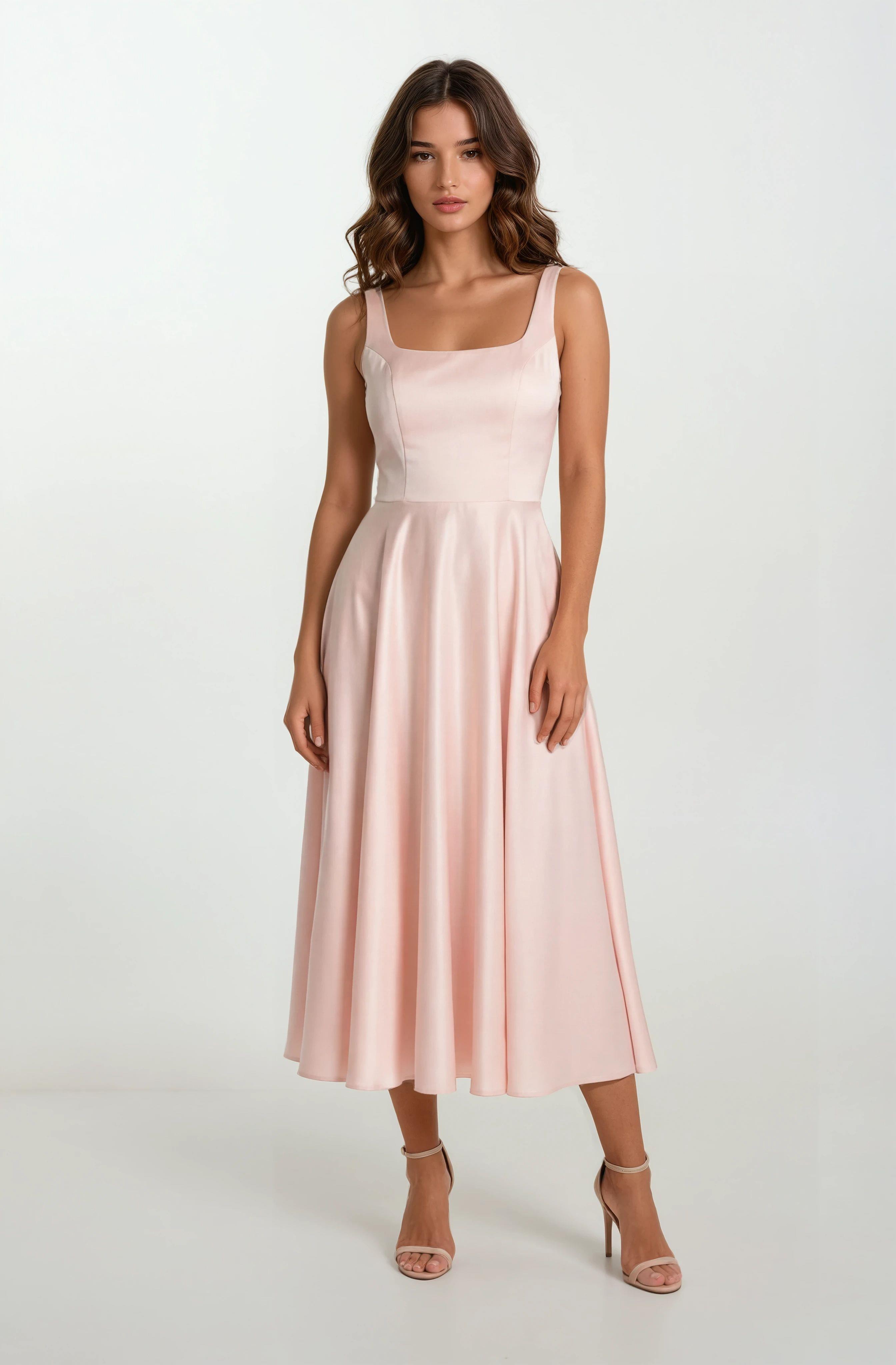 Nema Sırtı Çapraz Bağlamalı U Yaka Midi Abiye Elbise PUDRA