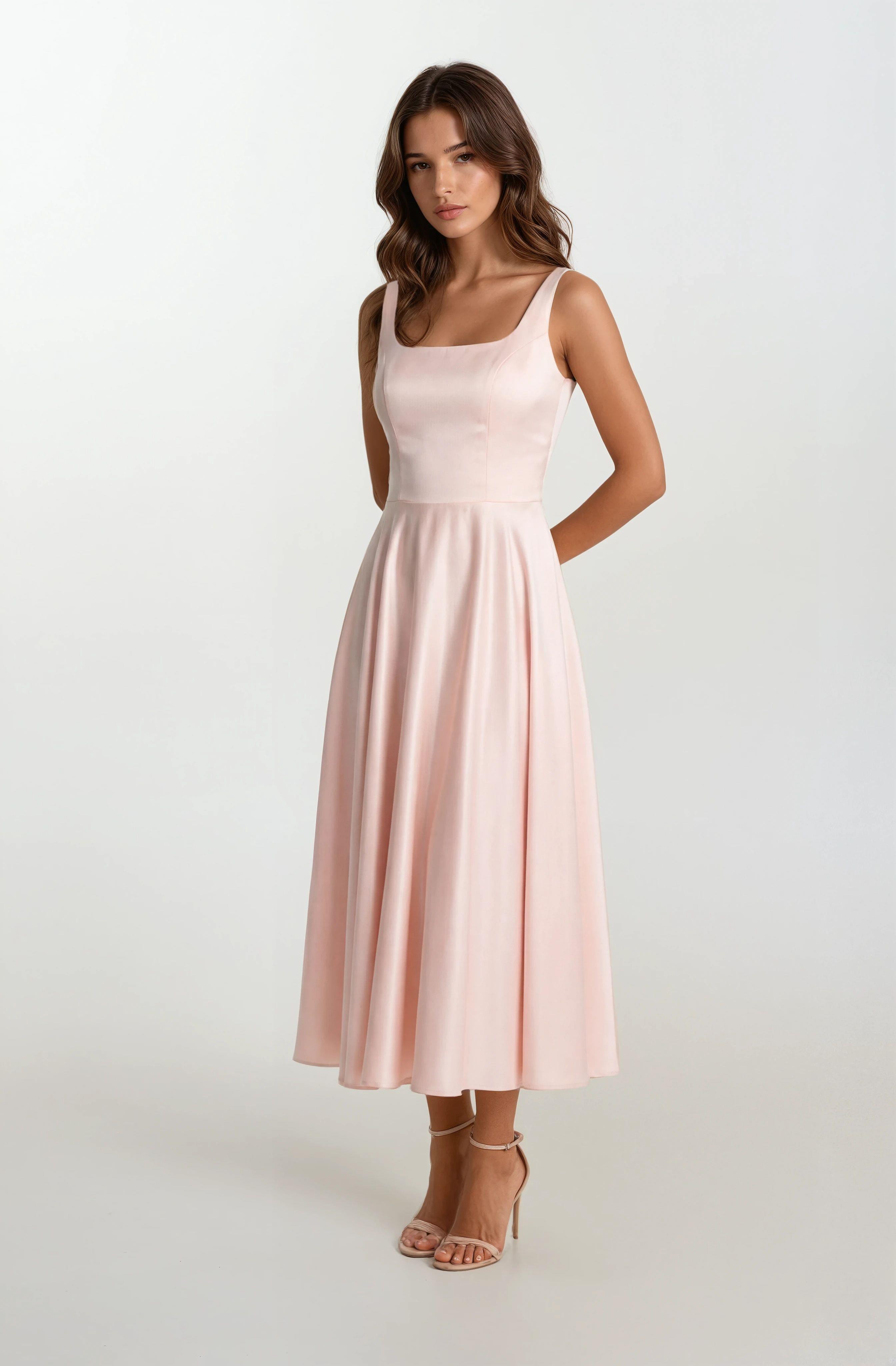 Nema Sırtı Çapraz Bağlamalı U Yaka Midi Abiye Elbise PUDRA