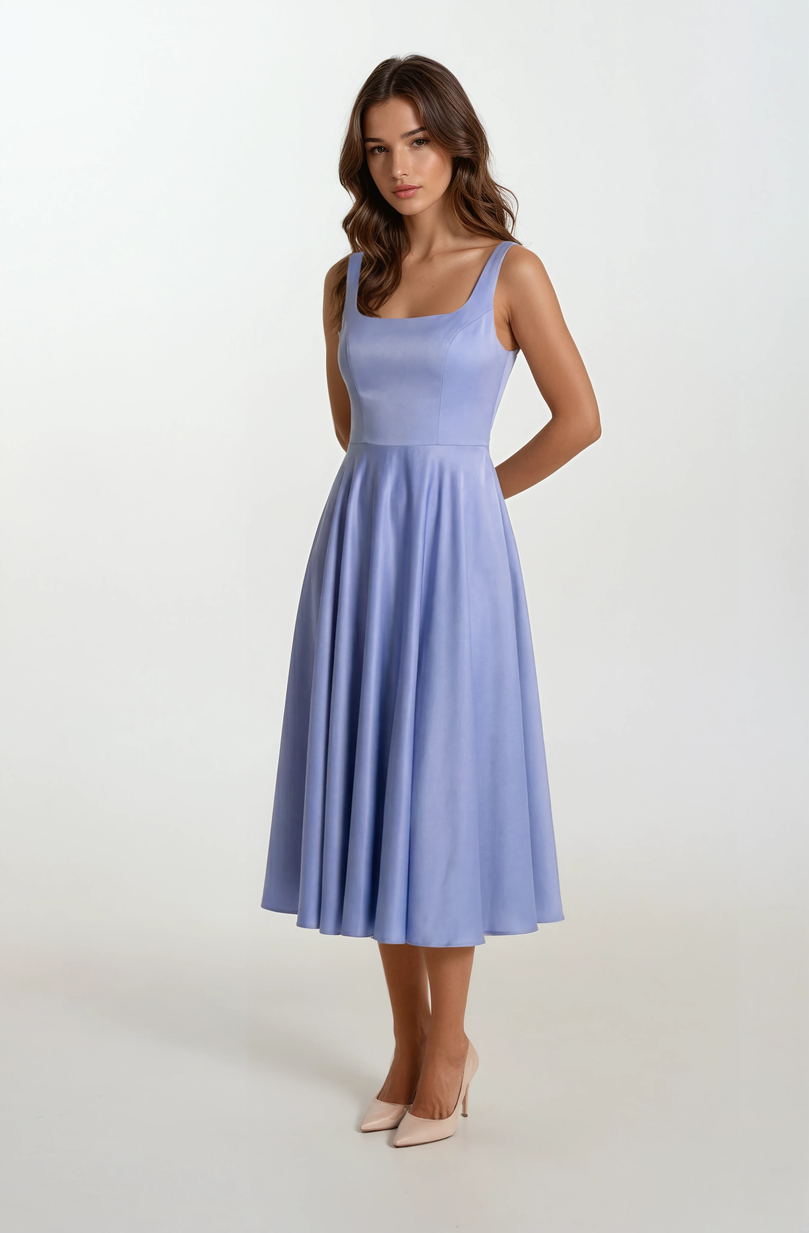 Nema Sırtı Çapraz Bağlamalı U Yaka Midi Abiye Elbise İNDİGO