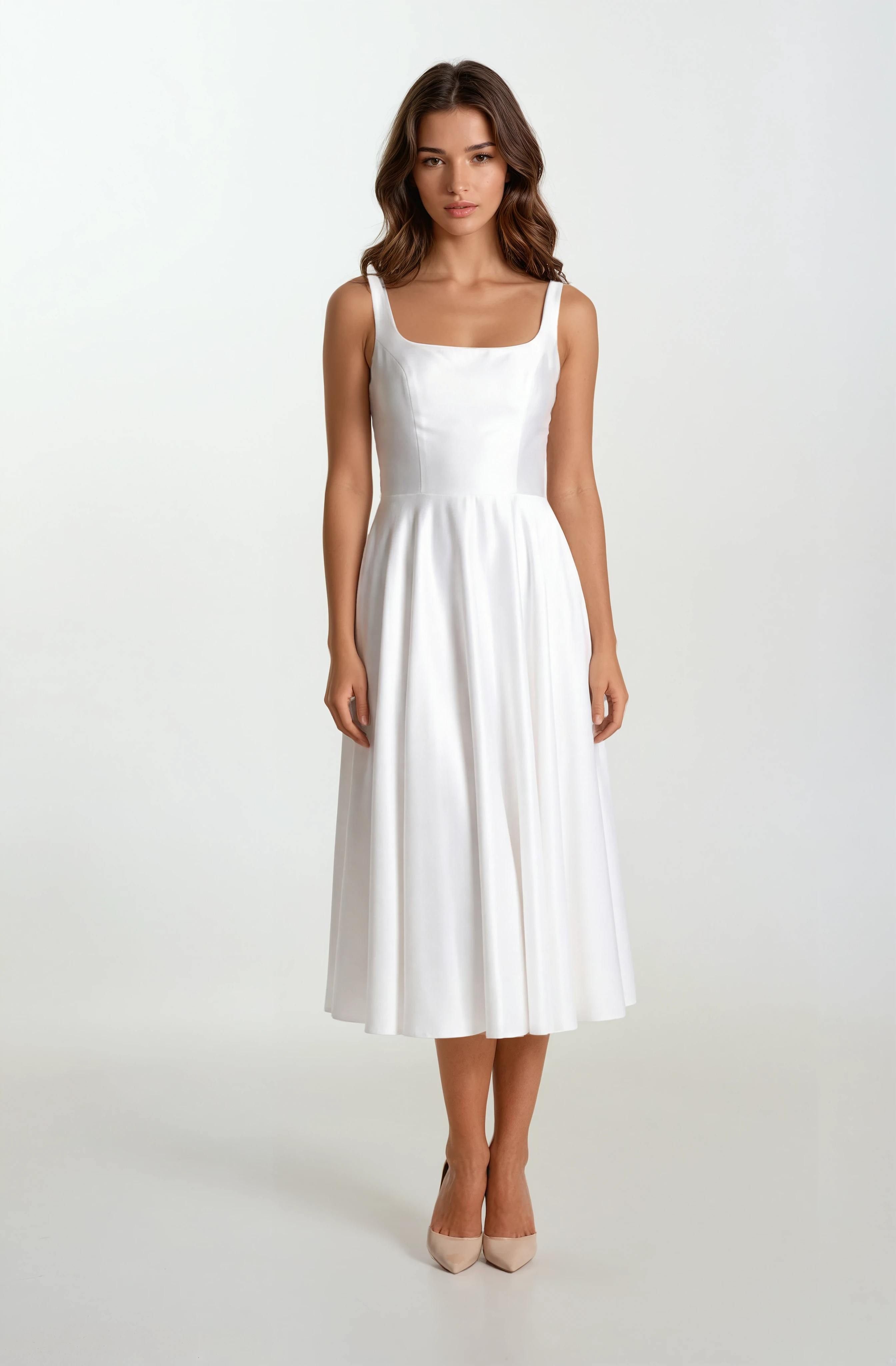 Nema Sırtı Çapraz Bağlamalı U Yaka Midi Abiye Elbise EKRU