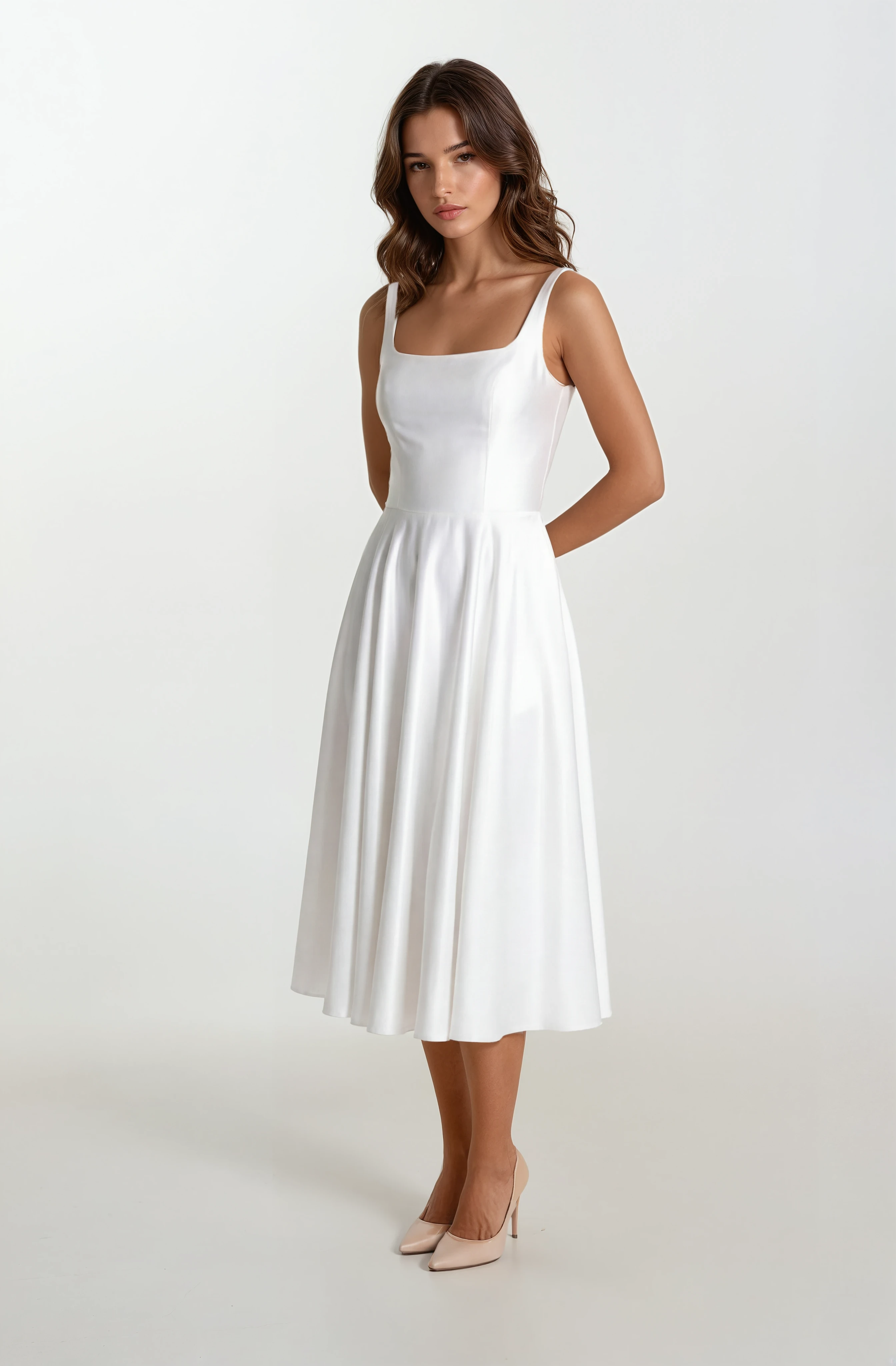 Nema Sırtı Çapraz Bağlamalı U Yaka Midi Abiye Elbise EKRU