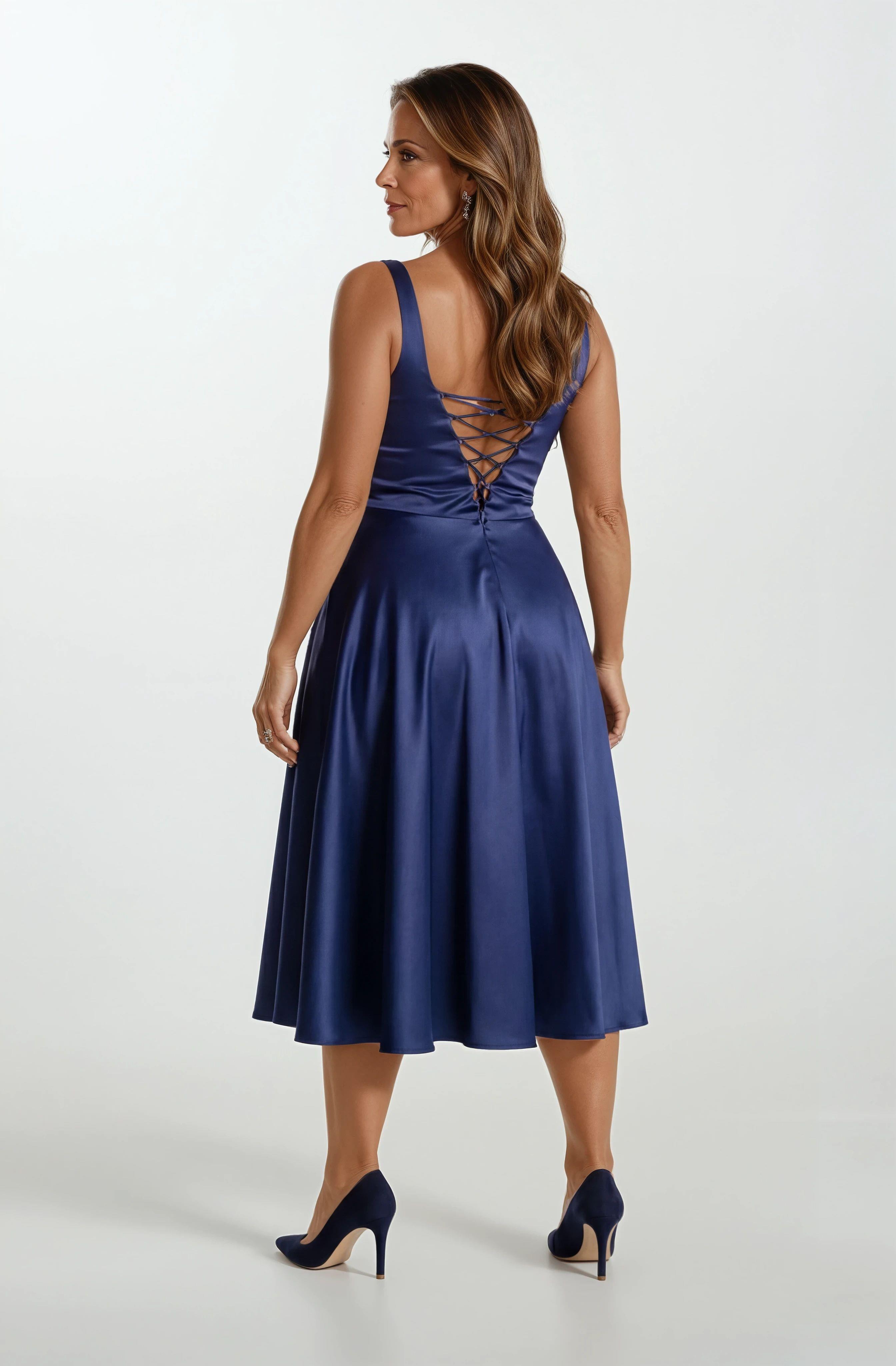 Nema Sırtı Çapraz Bağlamalı U Yaka Midi Abiye Elbise LACİVERT