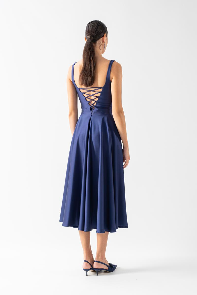 Nema Sırtı Çapraz Bağlamalı U Yaka Midi Abiye Elbise LACİVERT