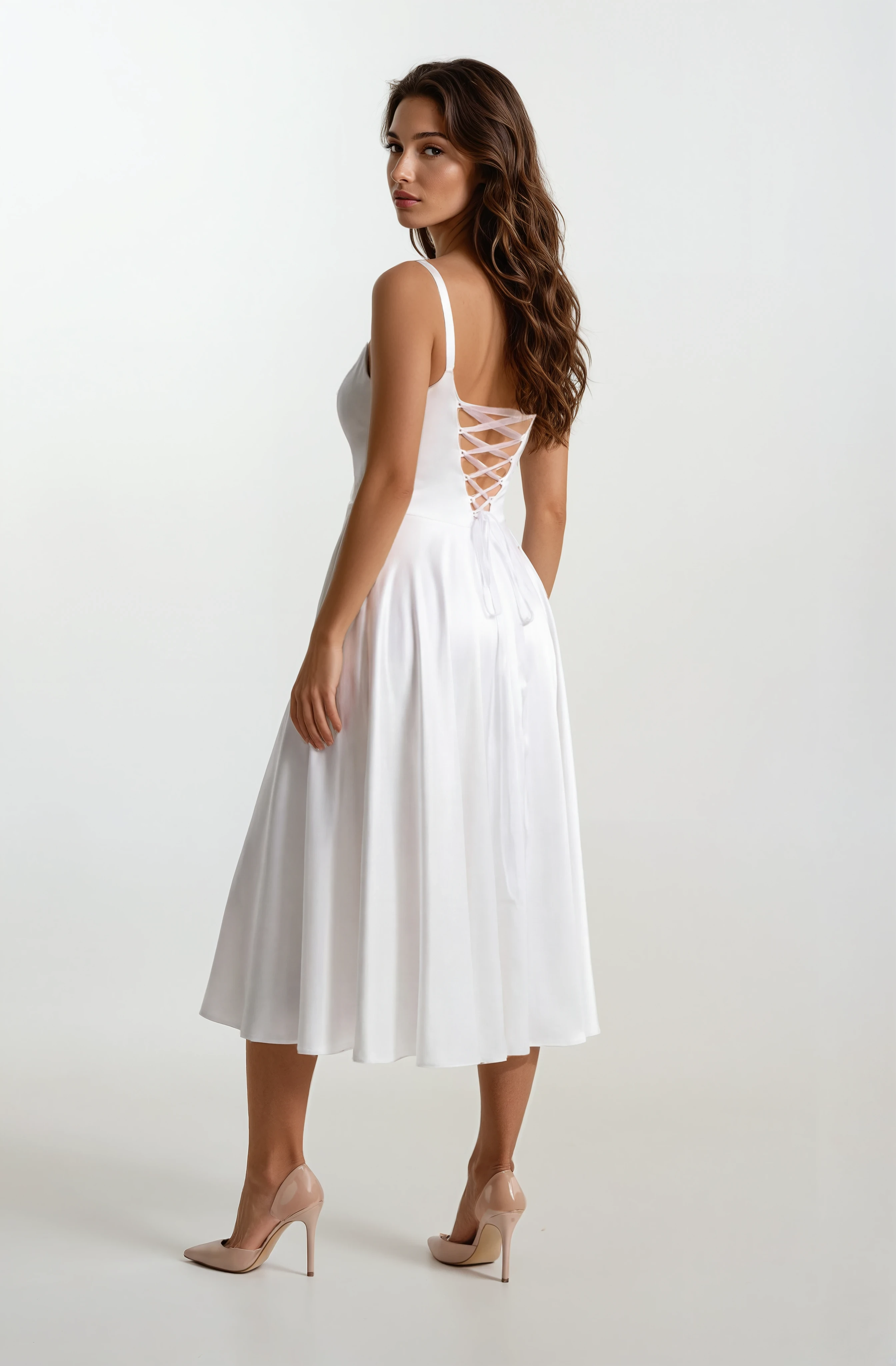 Nema Sırtı Çapraz Bağlamalı U Yaka Midi Abiye Elbise EKRU