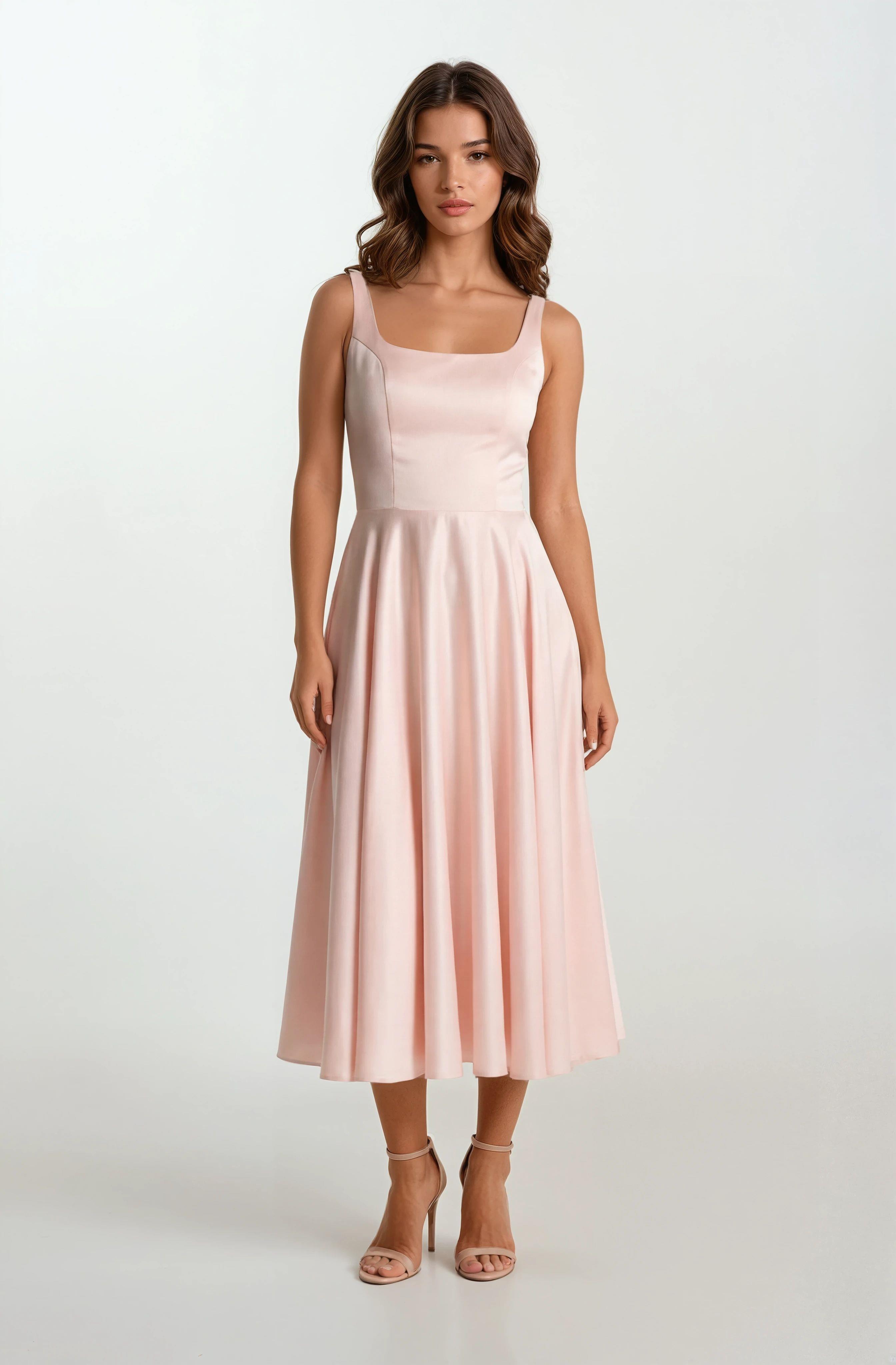 Nema Sırtı Çapraz Bağlamalı U Yaka Midi Abiye Elbise PUDRA