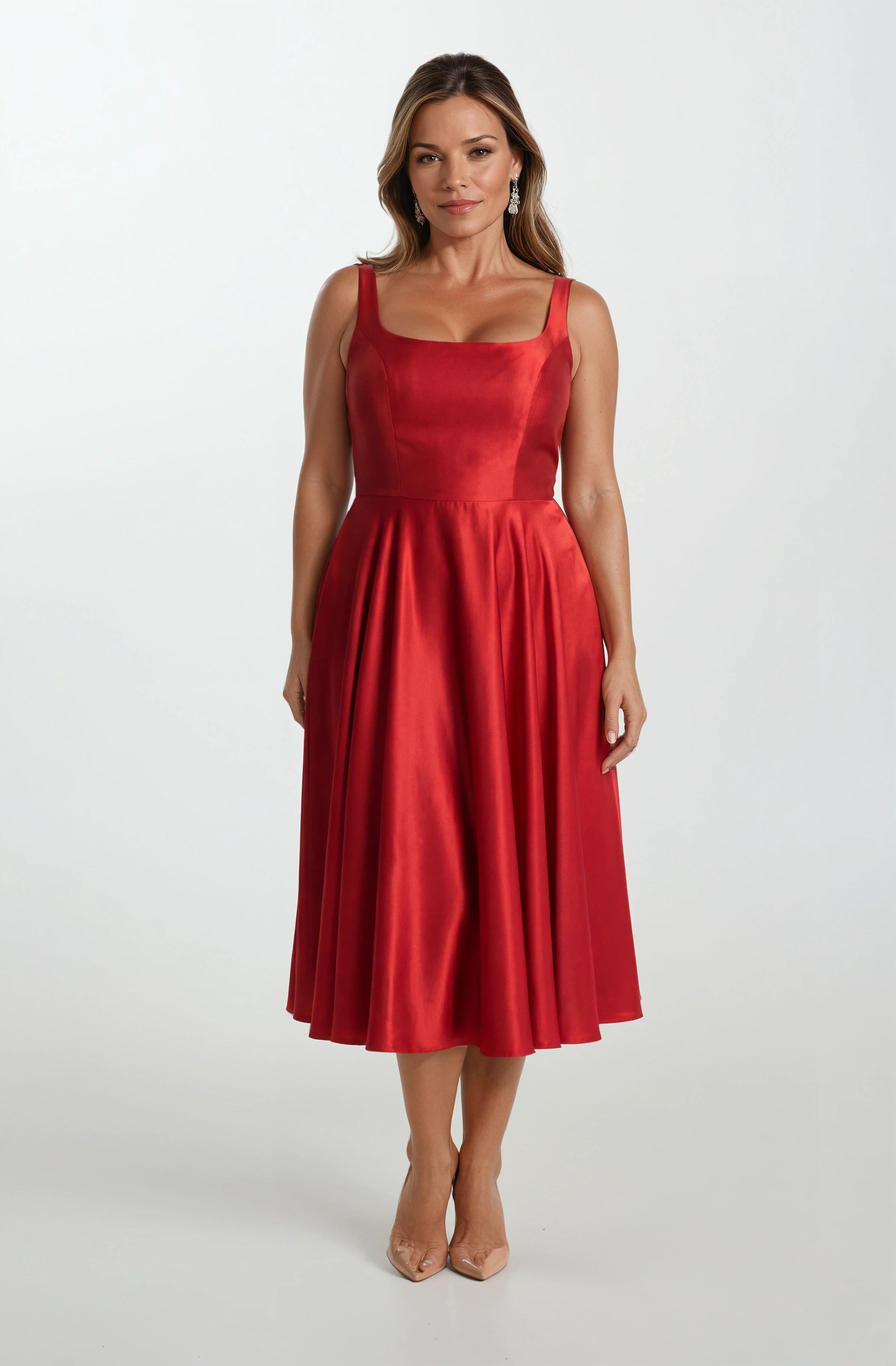 Nema Sırtı Çapraz Bağlamalı U Yaka Midi Abiye Elbise KIRMIZI