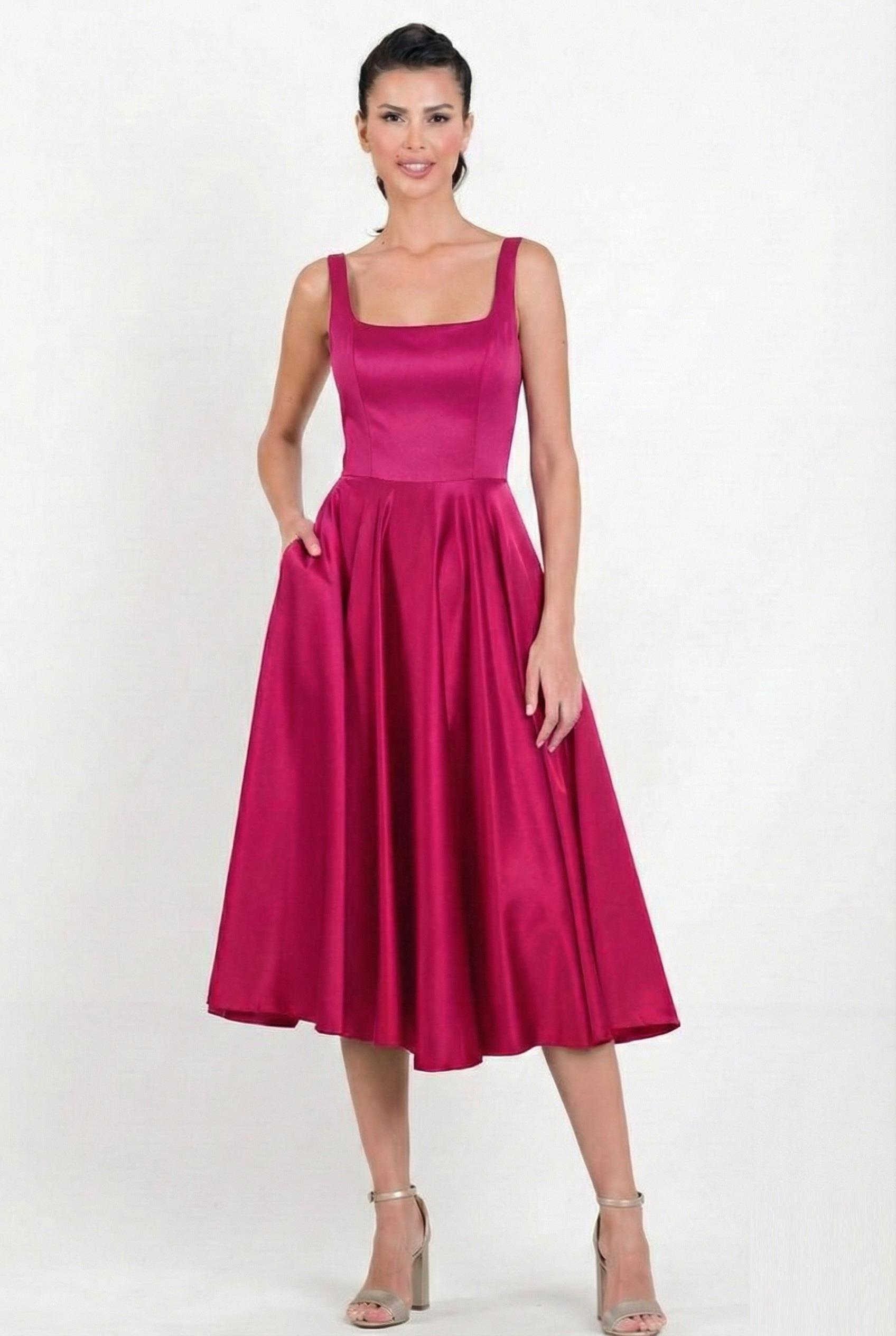Nema Sırtı Çapraz Bağlamalı U Yaka Midi Abiye Elbise FUŞYA