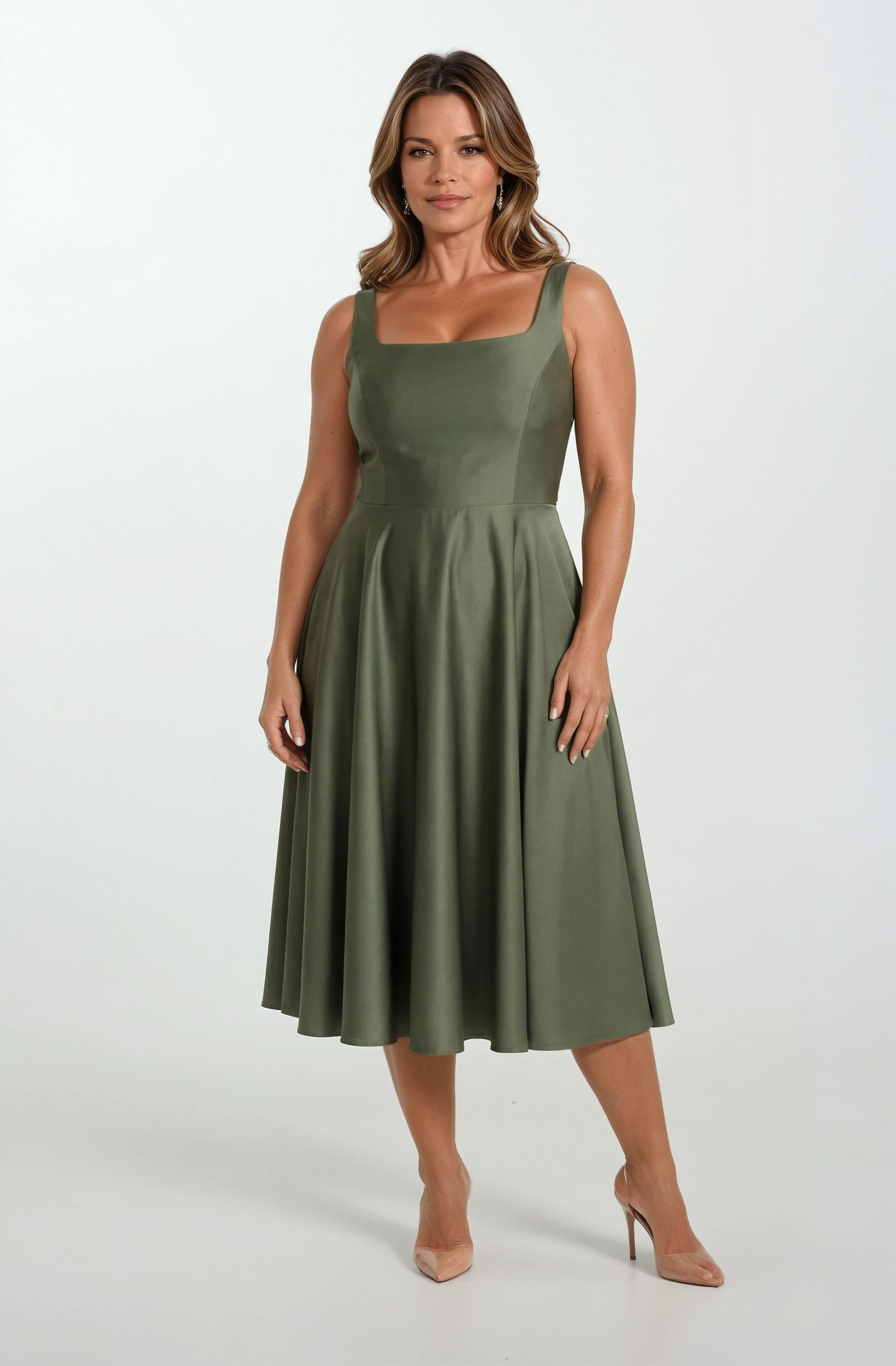 Nema Sırtı Çapraz Bağlamalı U Yaka Midi Abiye Elbise HAKİ