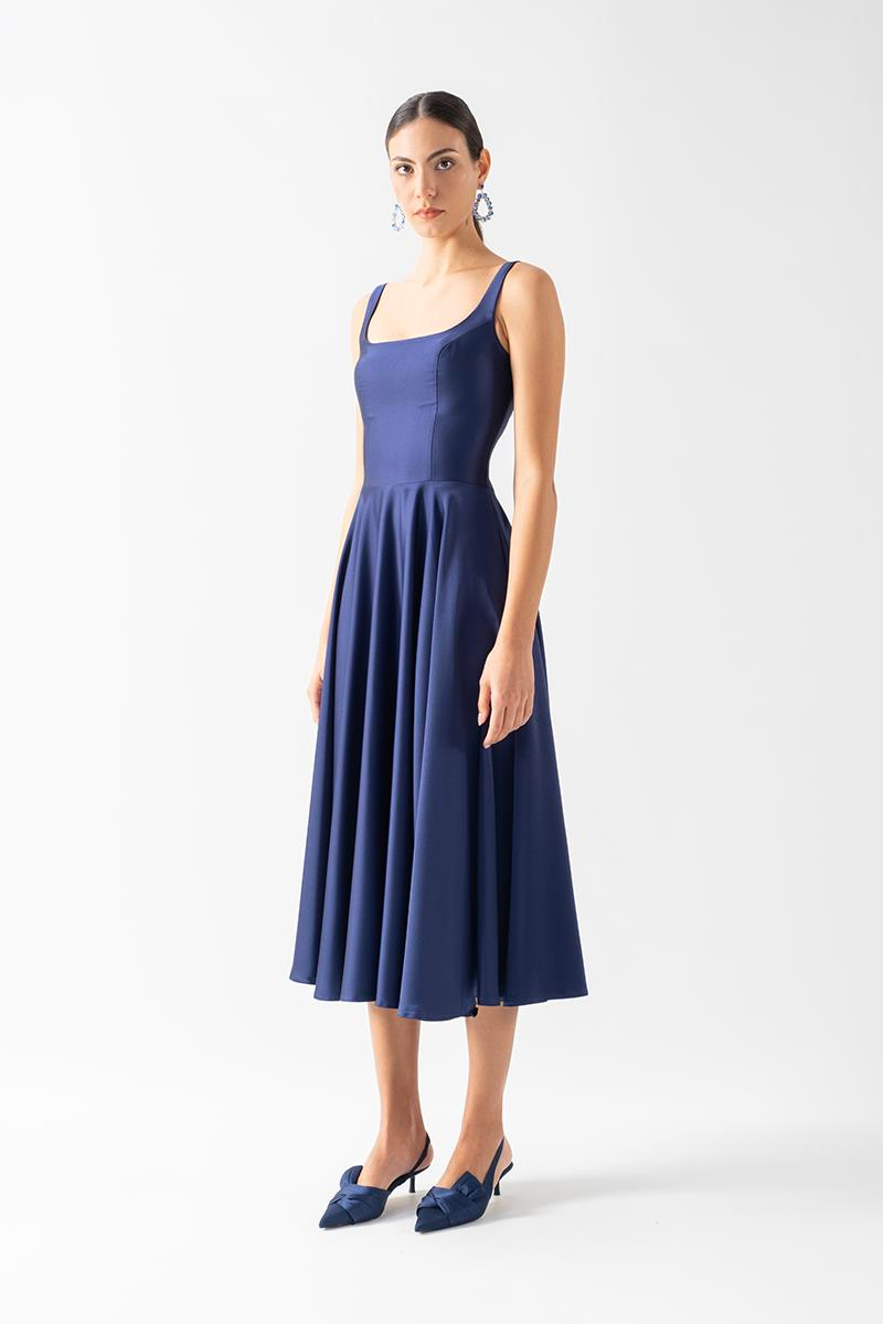 Nema Sırtı Çapraz Bağlamalı U Yaka Midi Abiye Elbise LACİVERT