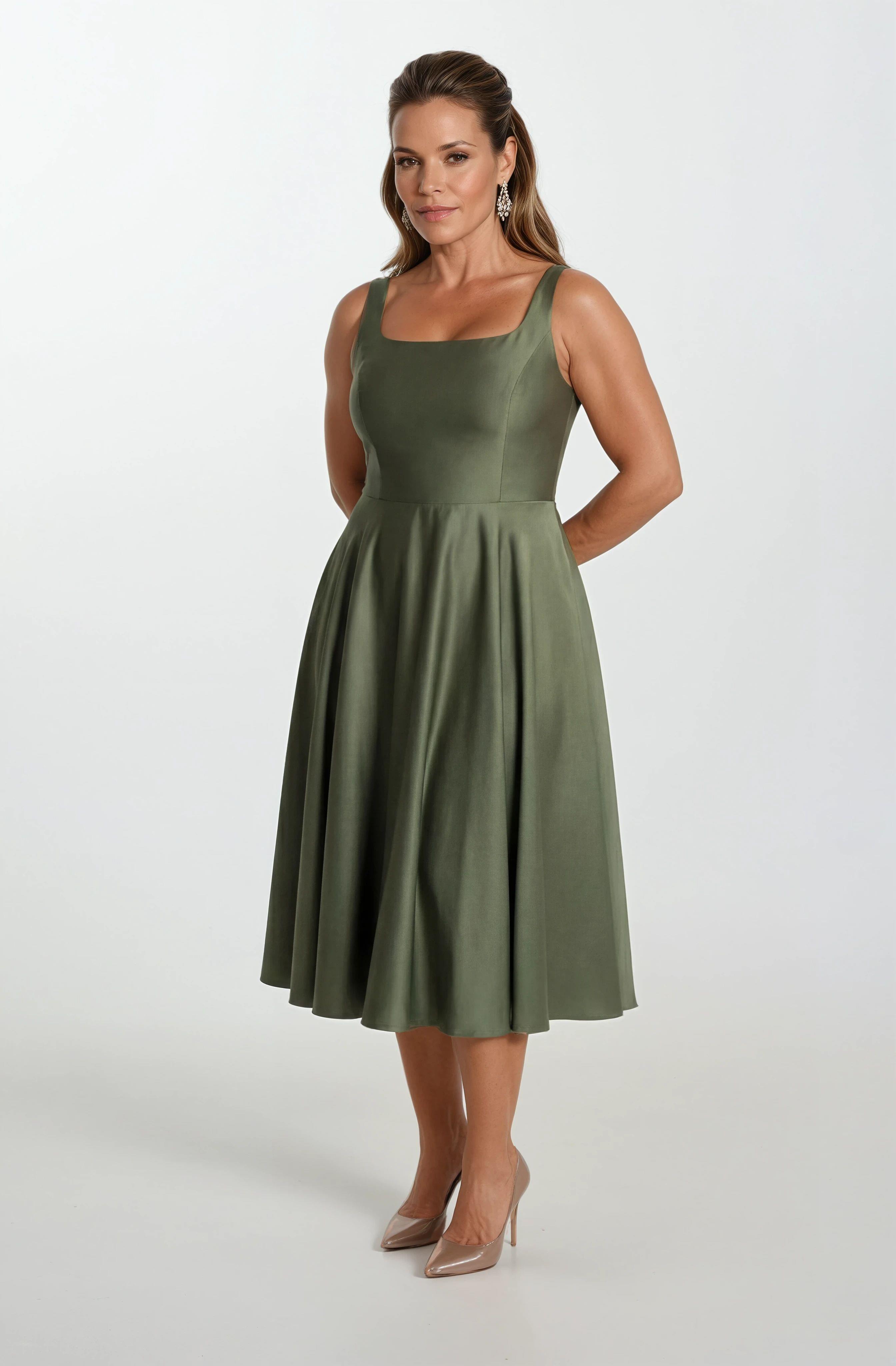 Nema Sırtı Çapraz Bağlamalı U Yaka Midi Abiye Elbise HAKİ