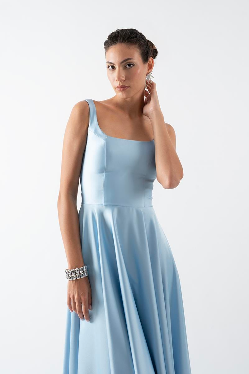 Nema Sırtı Çapraz Bağlamalı U Yaka Midi Abiye Elbise MAVİ