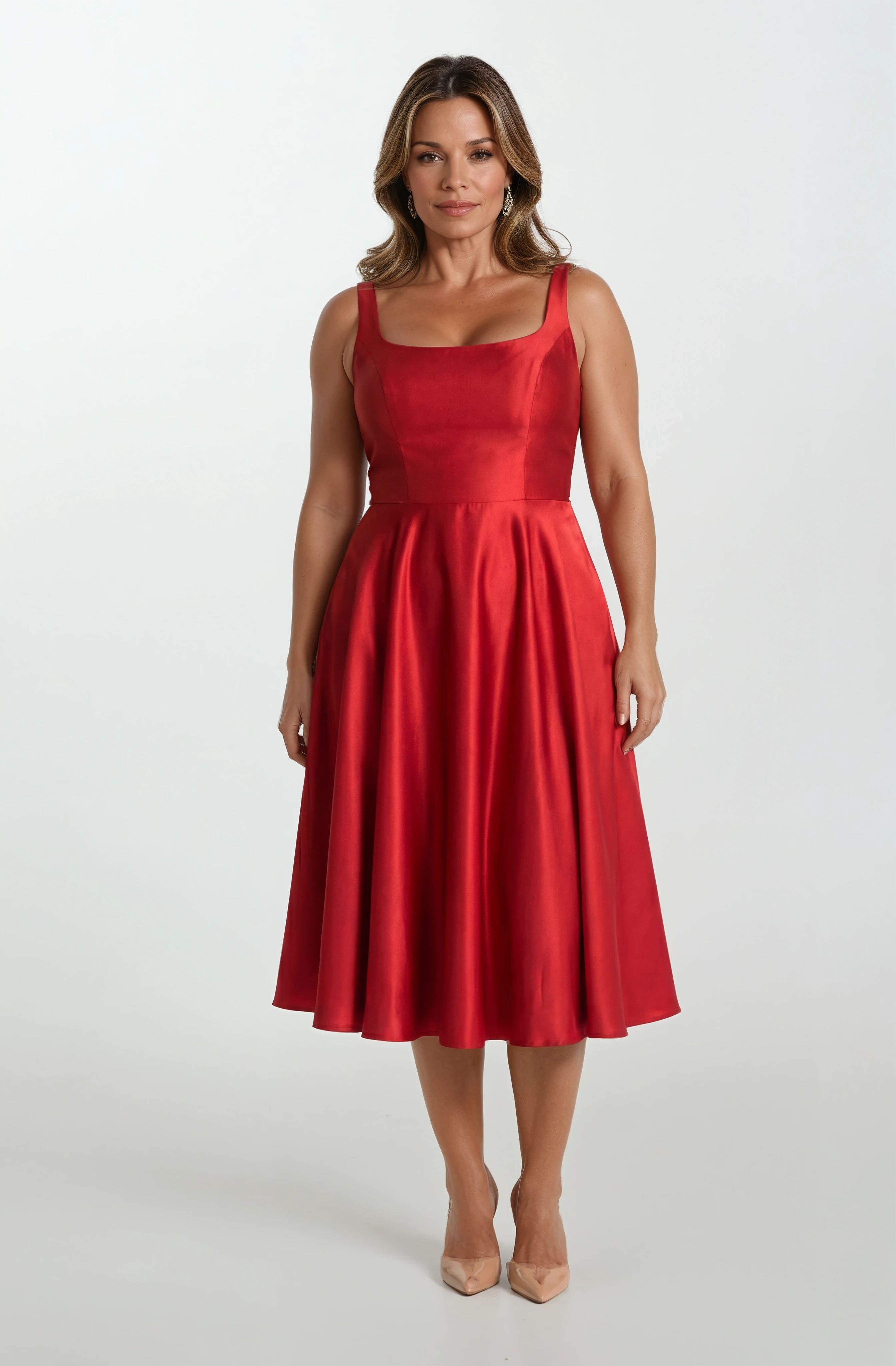 Nema Sırtı Çapraz Bağlamalı U Yaka Midi Abiye Elbise KIRMIZI