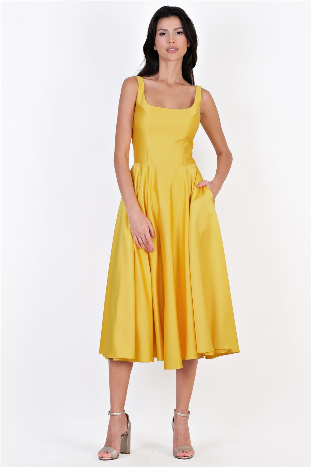 Nema Sırtı Çapraz Bağlamalı U Yaka Uzun Abiye Elbise SARI