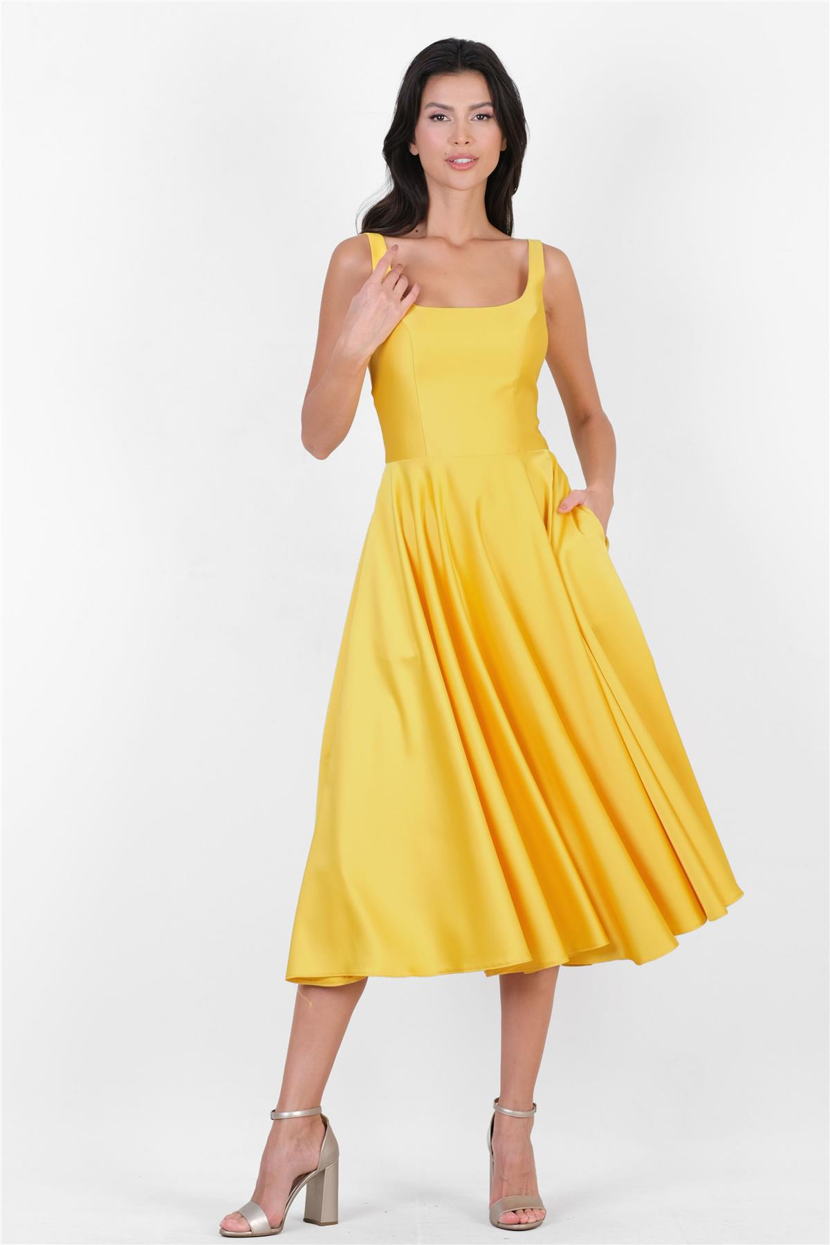 Nema Sırtı Çapraz Bağlamalı U Yaka Uzun Abiye Elbise SARI