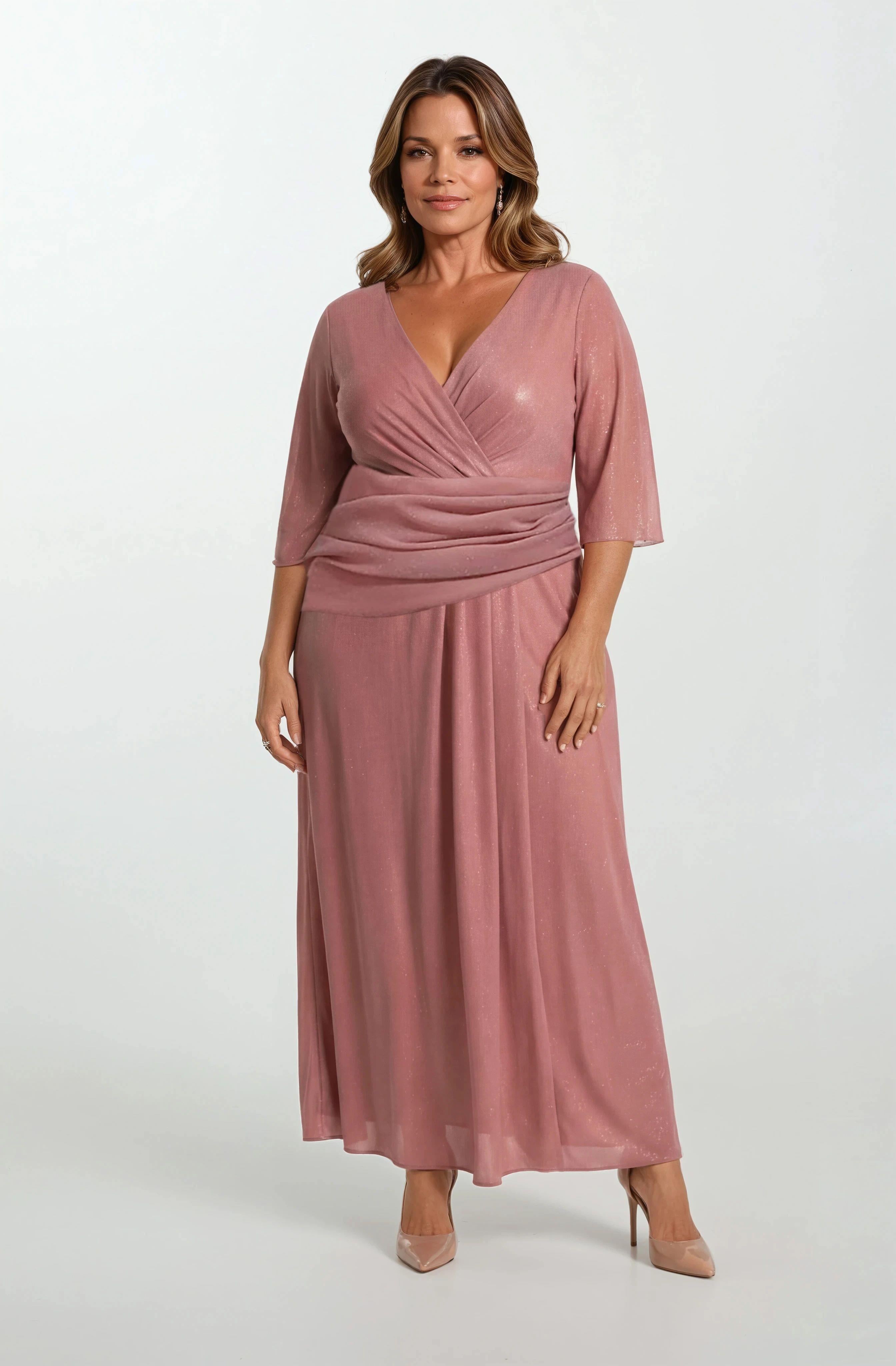 Nemore Kruvaze Yaka Beli Drapeli Uzun Abiye Elbise SOMON