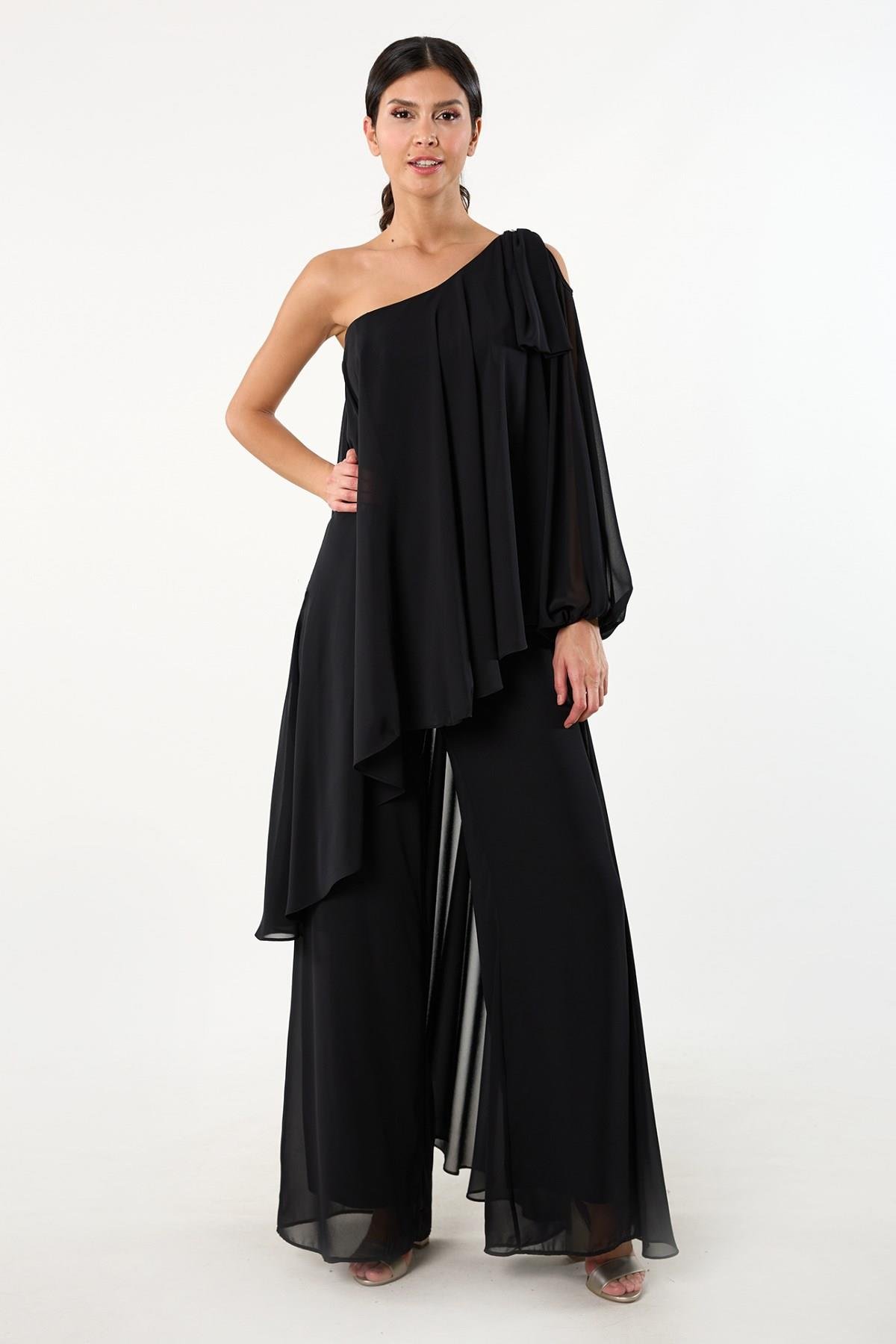 Nevilio Tek Kol Omuz Aksesuar Detaylı Abiye Tulum SİYAH