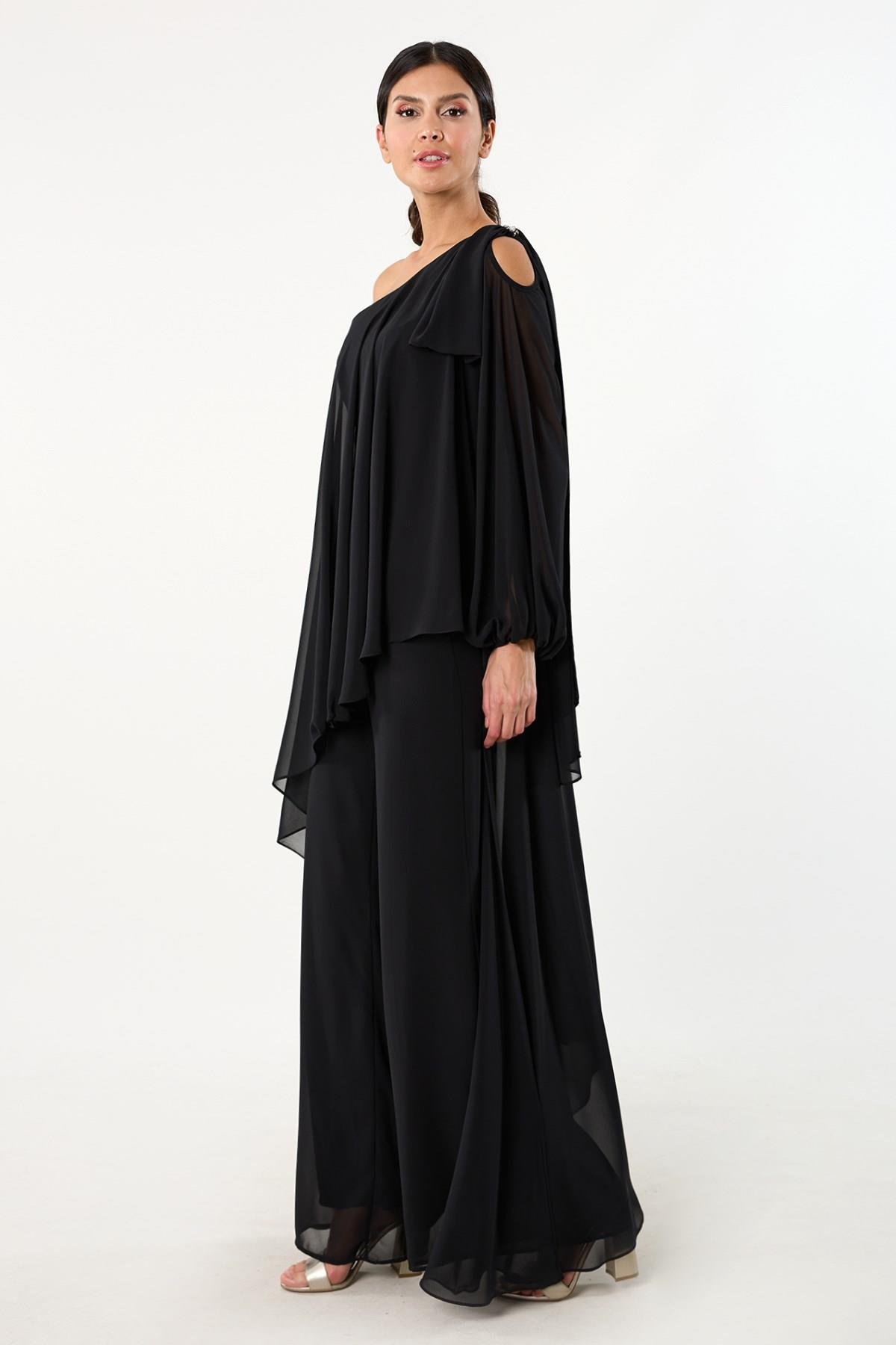 Nevilio Tek Kol Omuz Aksesuar Detaylı Abiye Tulum SİYAH