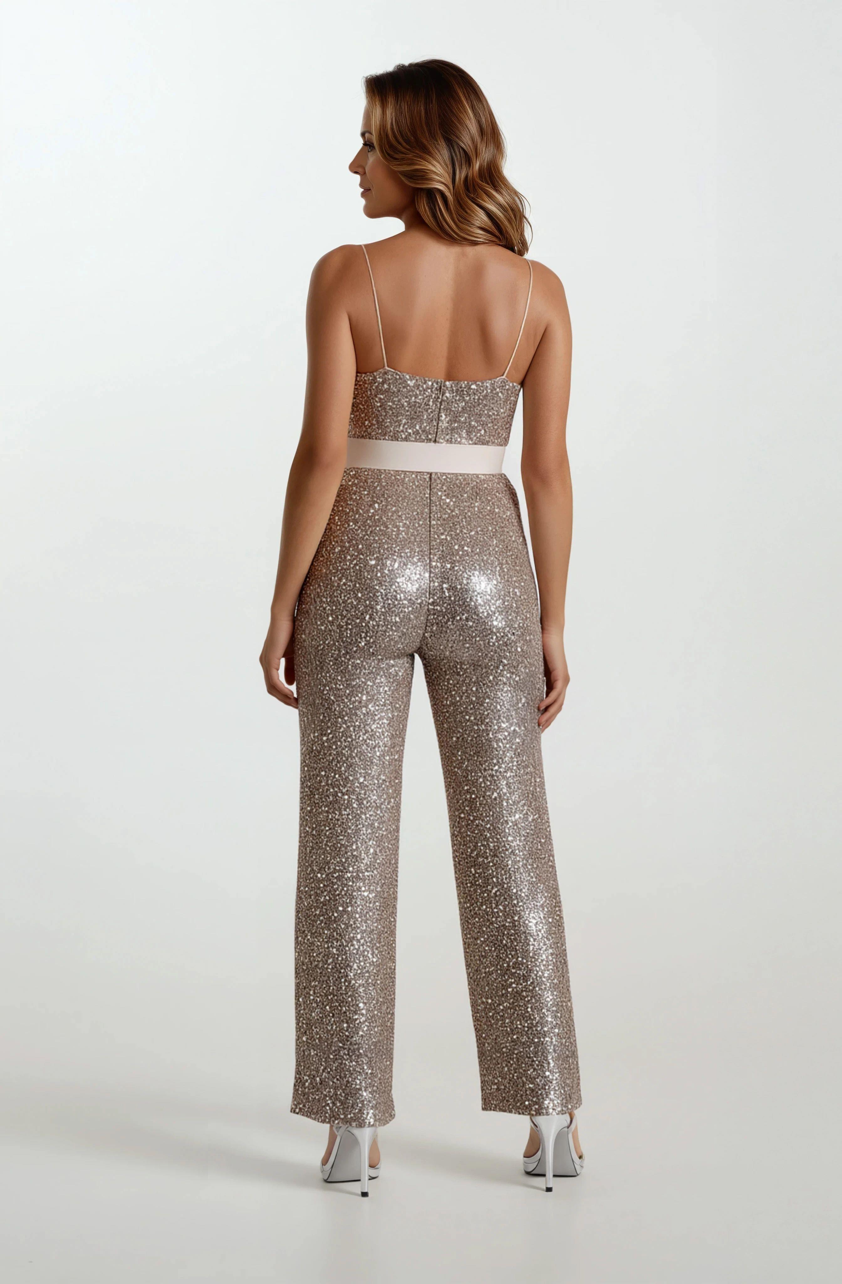 Nicholson İnce Çapraz Askılı Kemerli Pullu Abiye Tulum GOLD