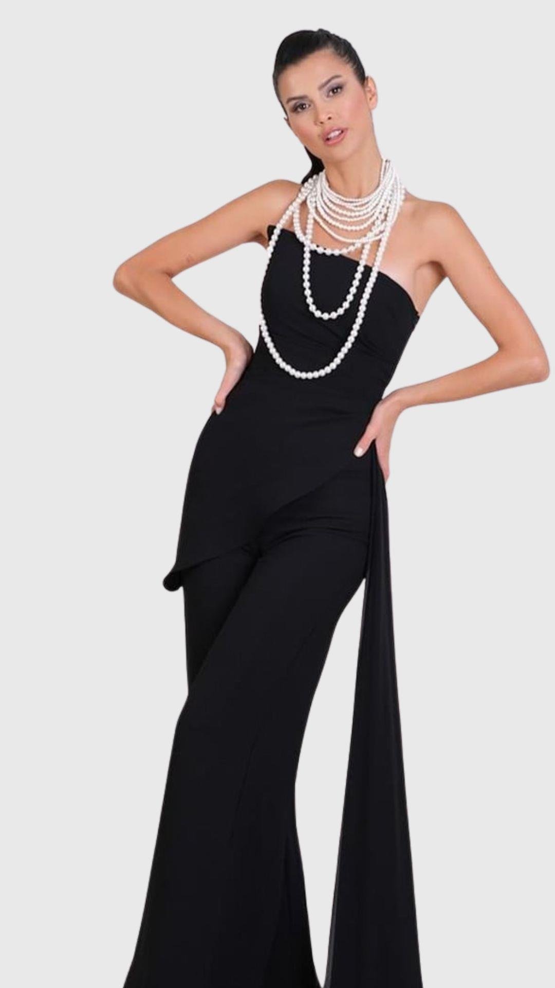 Odoardina Straplez Asimetrik Yaka Abiye Tulum SİYAH