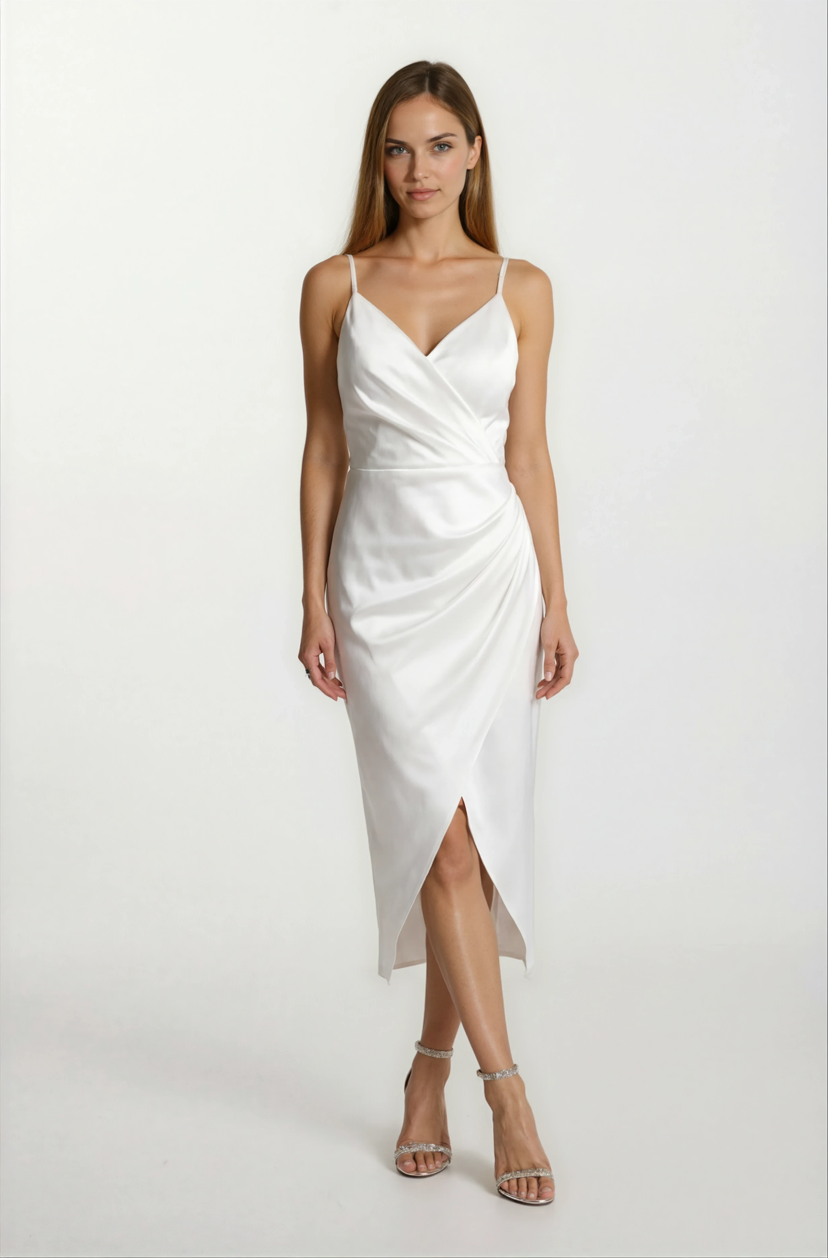 Odoardo İnce Askılı Kruvaze Asimetrik Midi Abiye Elbise EKRU