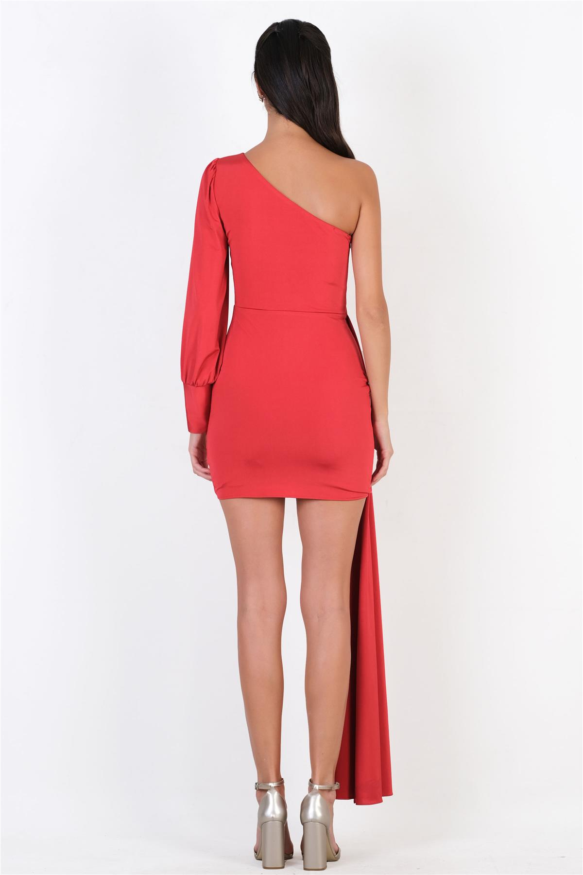 Omelia Tek Kol Yandan Drapeli Kısa Abiye Elbise KIRMIZI