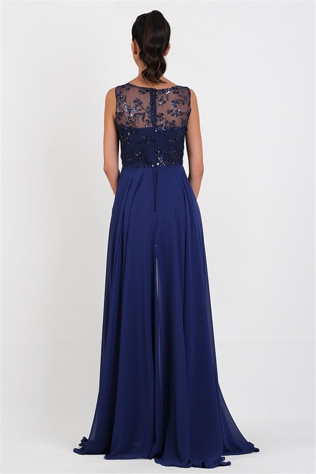 Ondino V Yaka Beli Drapeli Üstü Tül Pullu Abiye Tulum LACİVERT