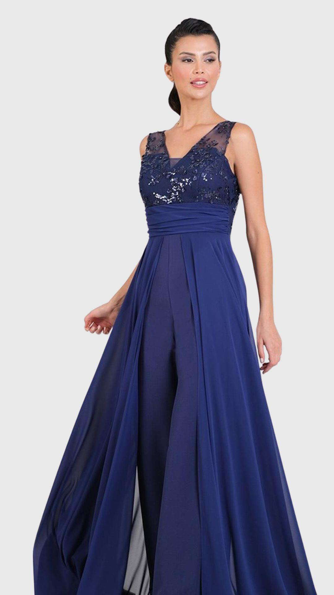 Ondino V Yaka Beli Drapeli Üstü Tül Pullu Abiye Tulum LACİVERT