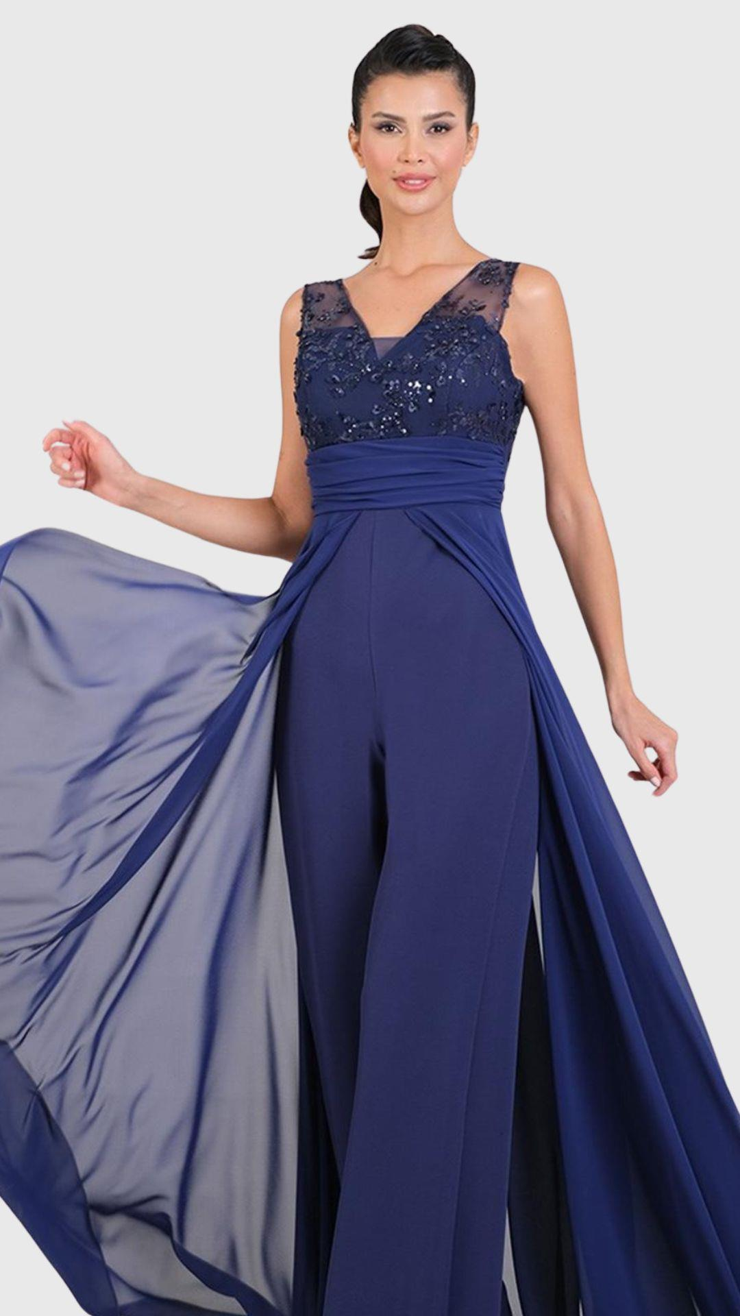 Ondino V Yaka Beli Drapeli Üstü Tül Pullu Abiye Tulum LACİVERT