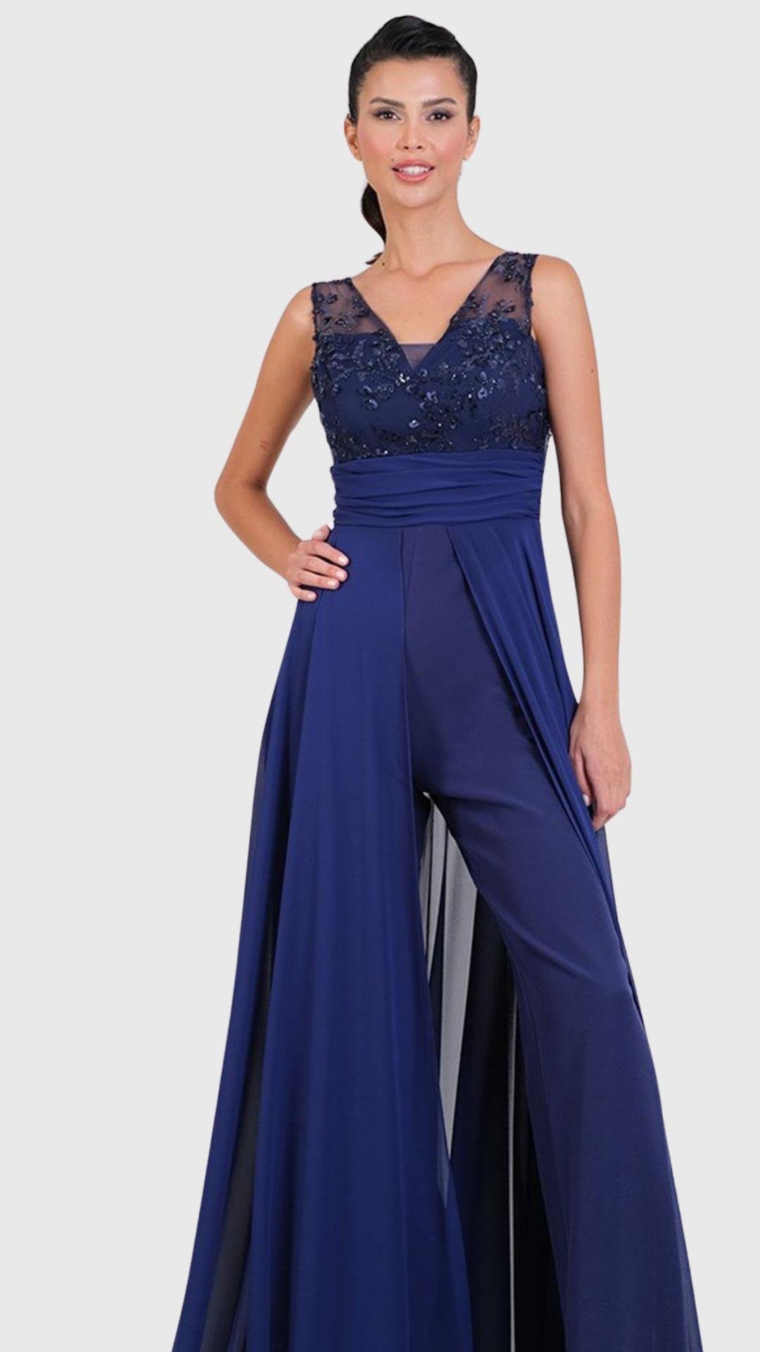 Ondino V Yaka Beli Drapeli Üstü Tül Pullu Abiye Tulum LACİVERT