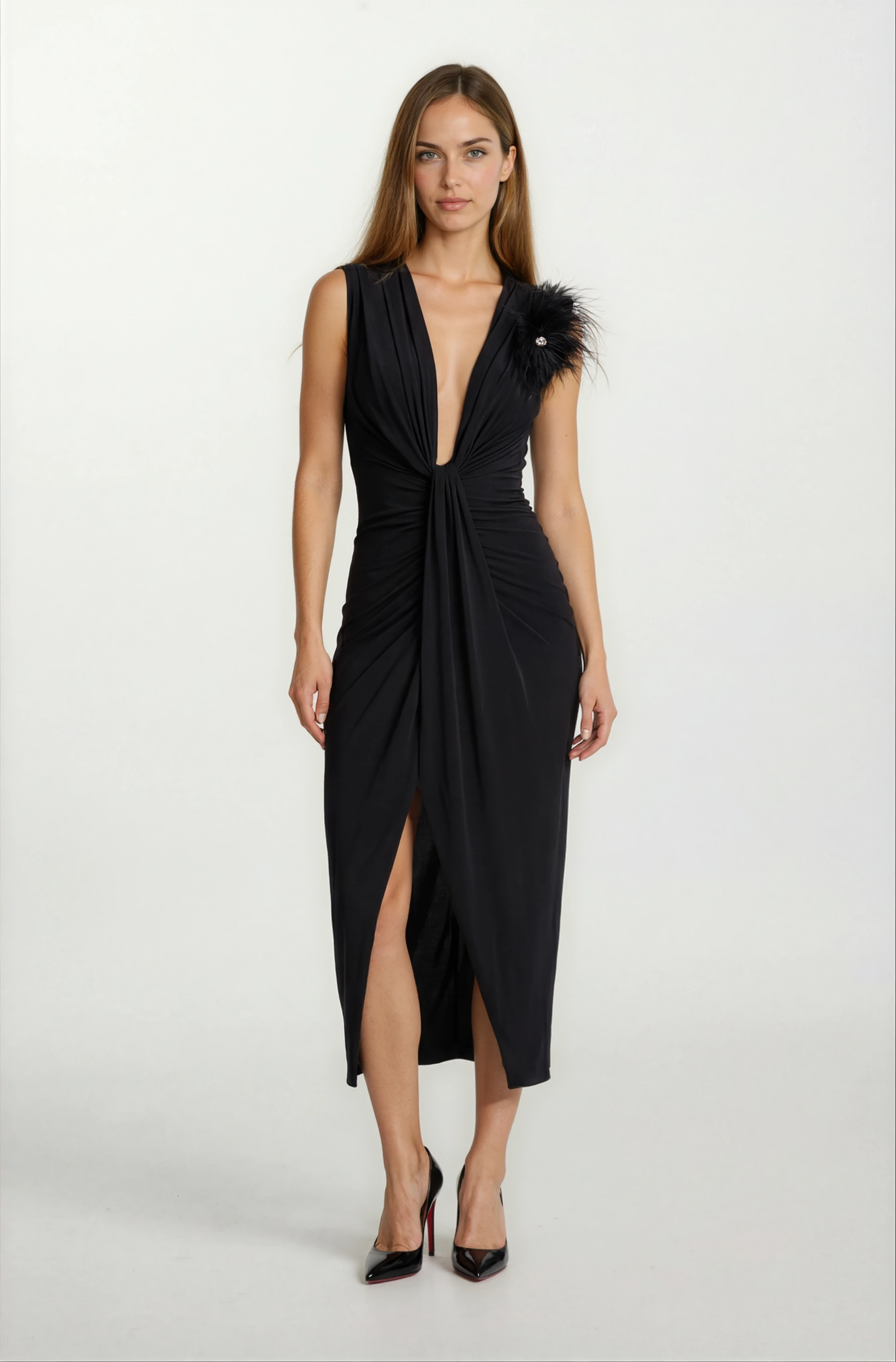 Onisto Omuz Pileli Önü Derin V Uzun Abiye Elbise SİYAH