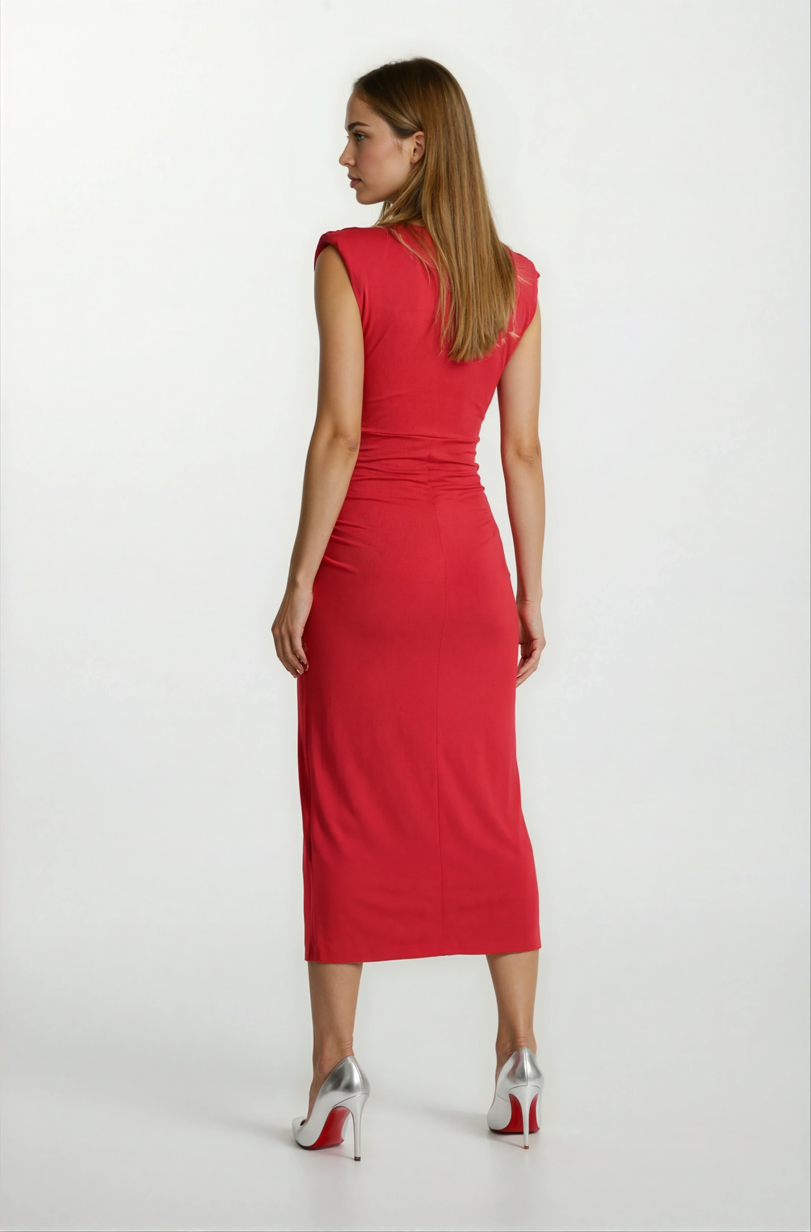 Onisto Omuz Pileli Önü Derin V Uzun Abiye Elbise KIRMIZI