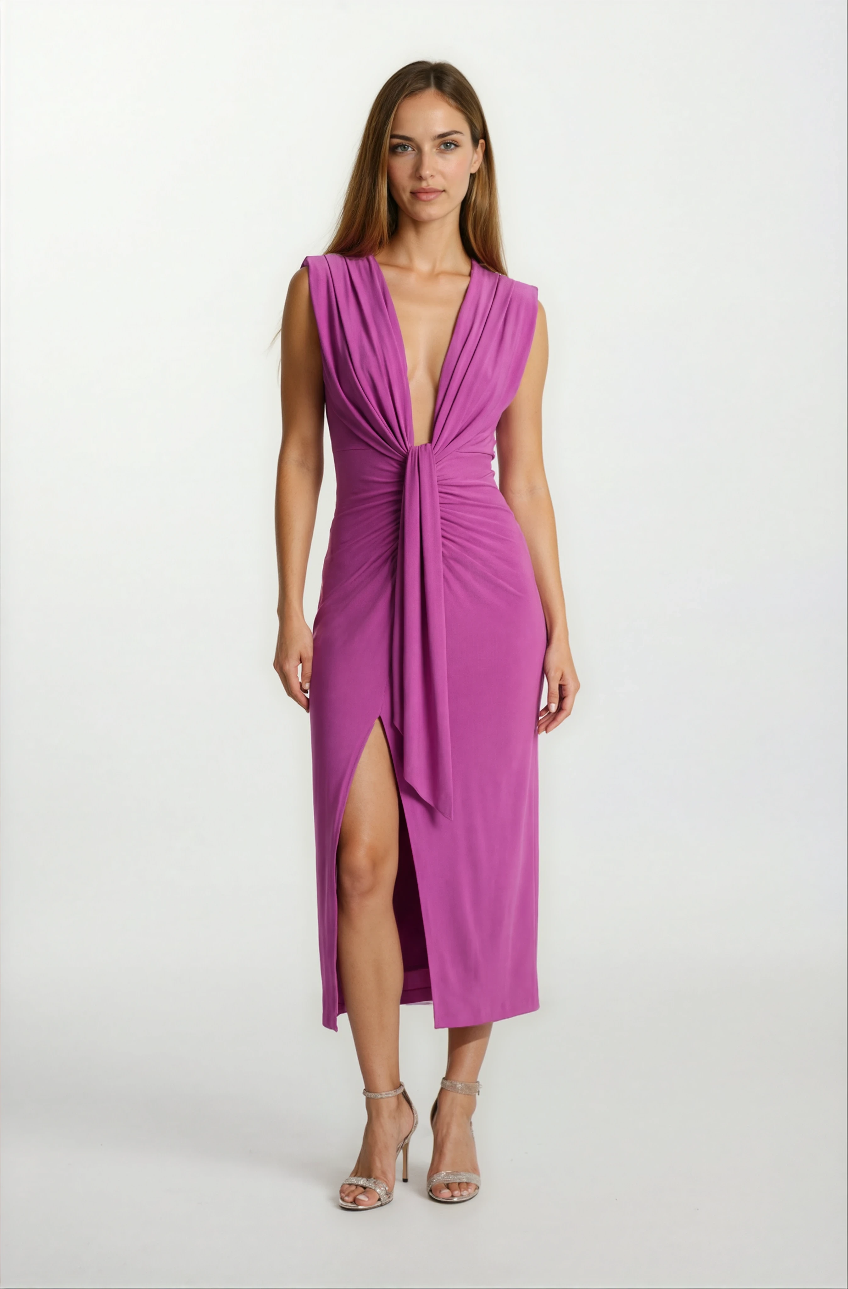 Onisto Omuz Pileli Önü Derin V Uzun Abiye Elbise MENEKSE