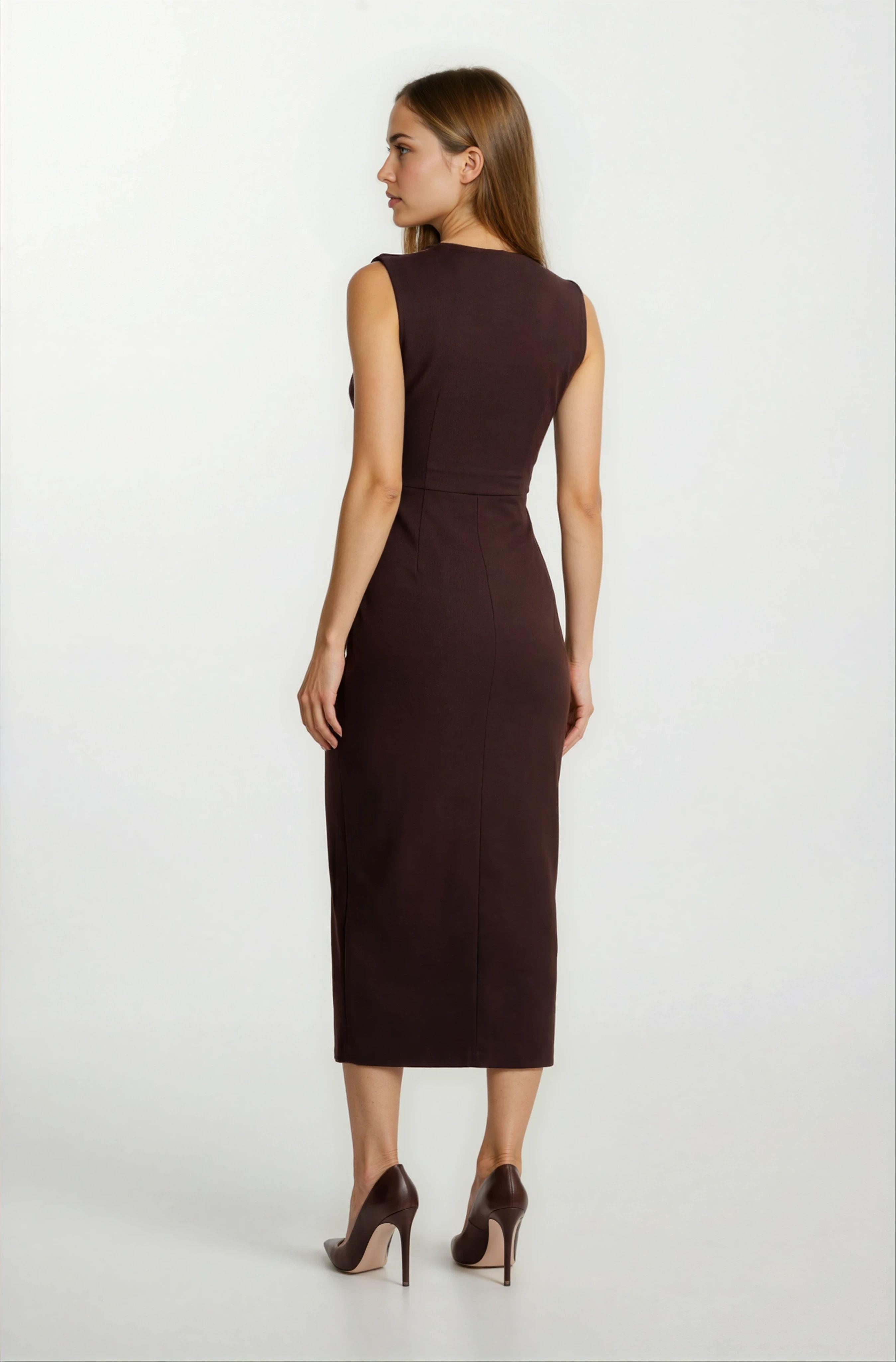 Onisto Omuz Pileli Önü Derin V Uzun Abiye Elbise KAHVE