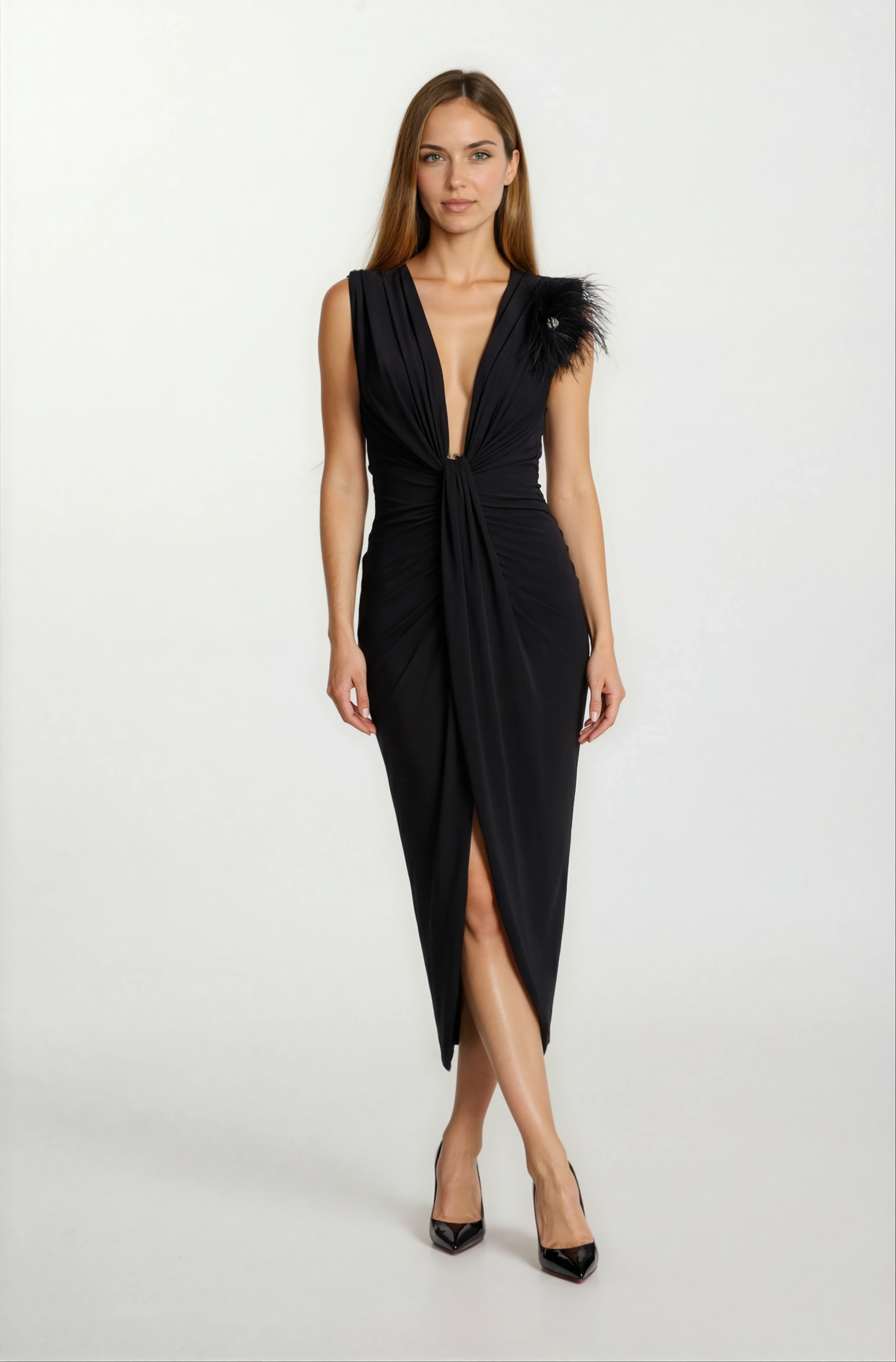 Onisto Omuz Pileli Önü Derin V Uzun Abiye Elbise SİYAH