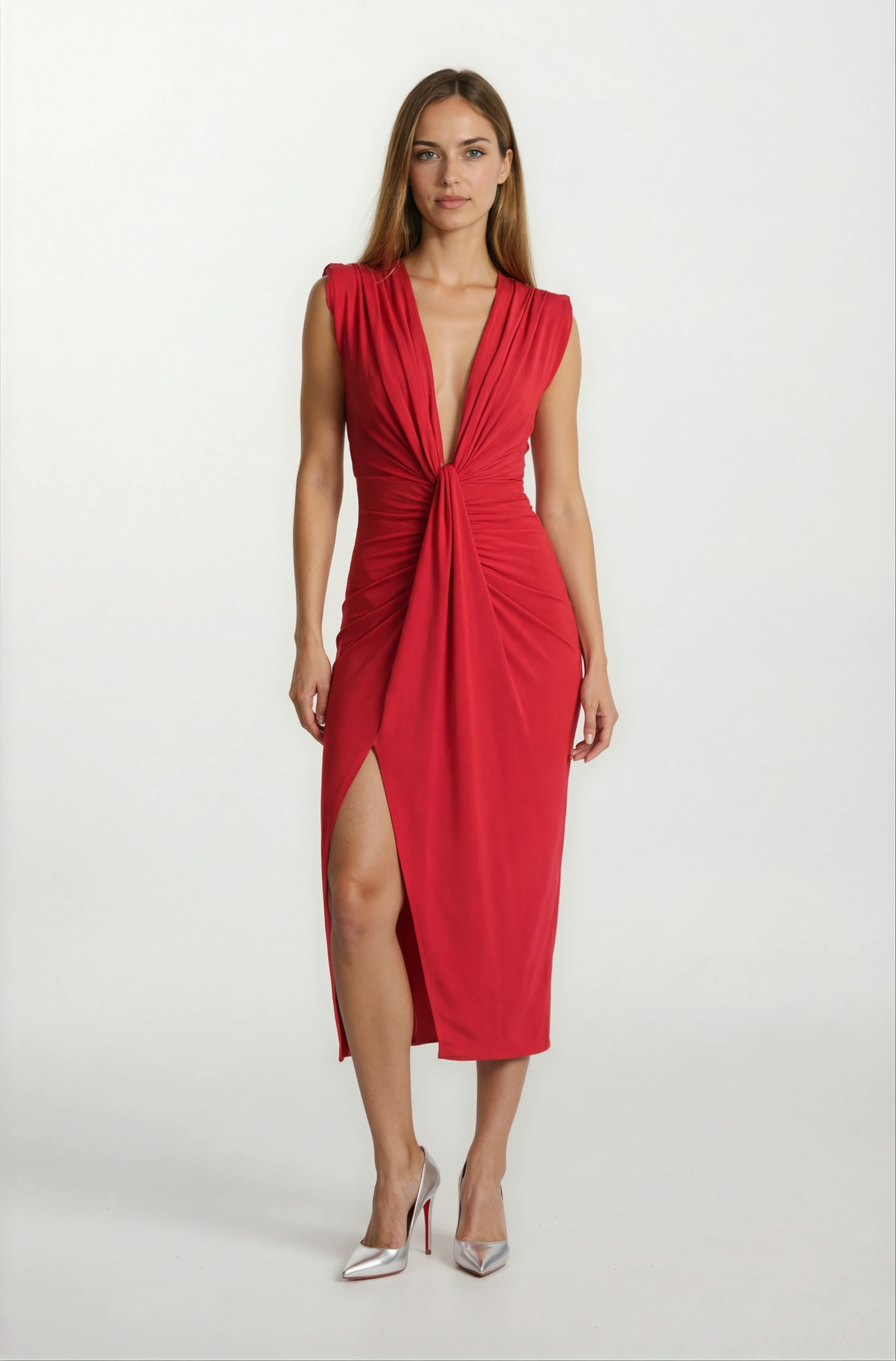 Onisto Omuz Pileli Önü Derin V Uzun Abiye Elbise KIRMIZI