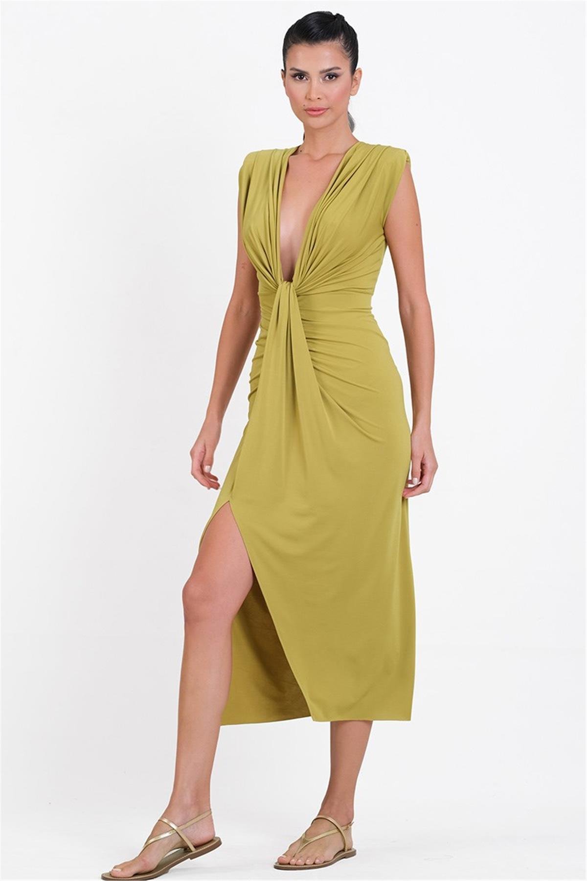 Onisto Omuz Pileli Önü Derin V Uzun Abiye Elbise YAĞ YEŞİLİ