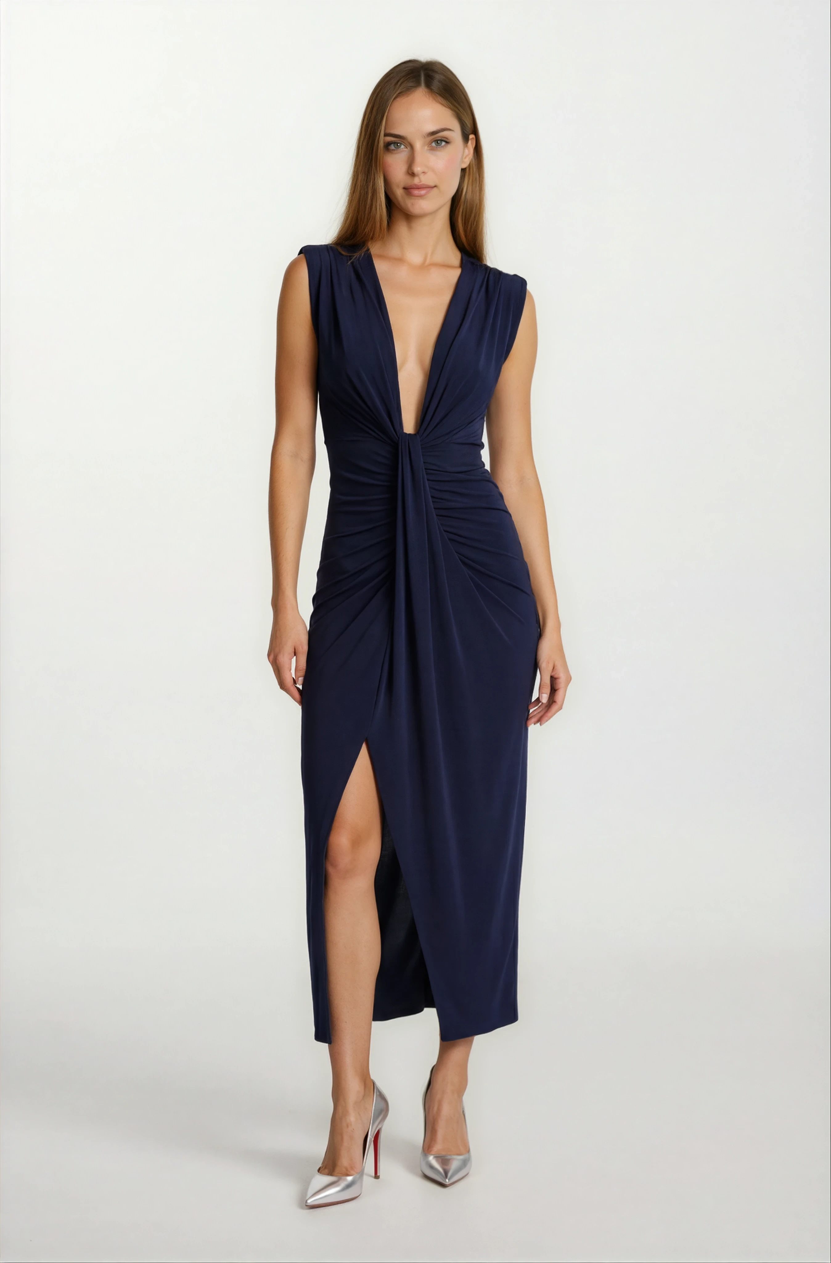 Onisto Omuz Pileli Önü Derin V Uzun Abiye Elbise LACİVERT